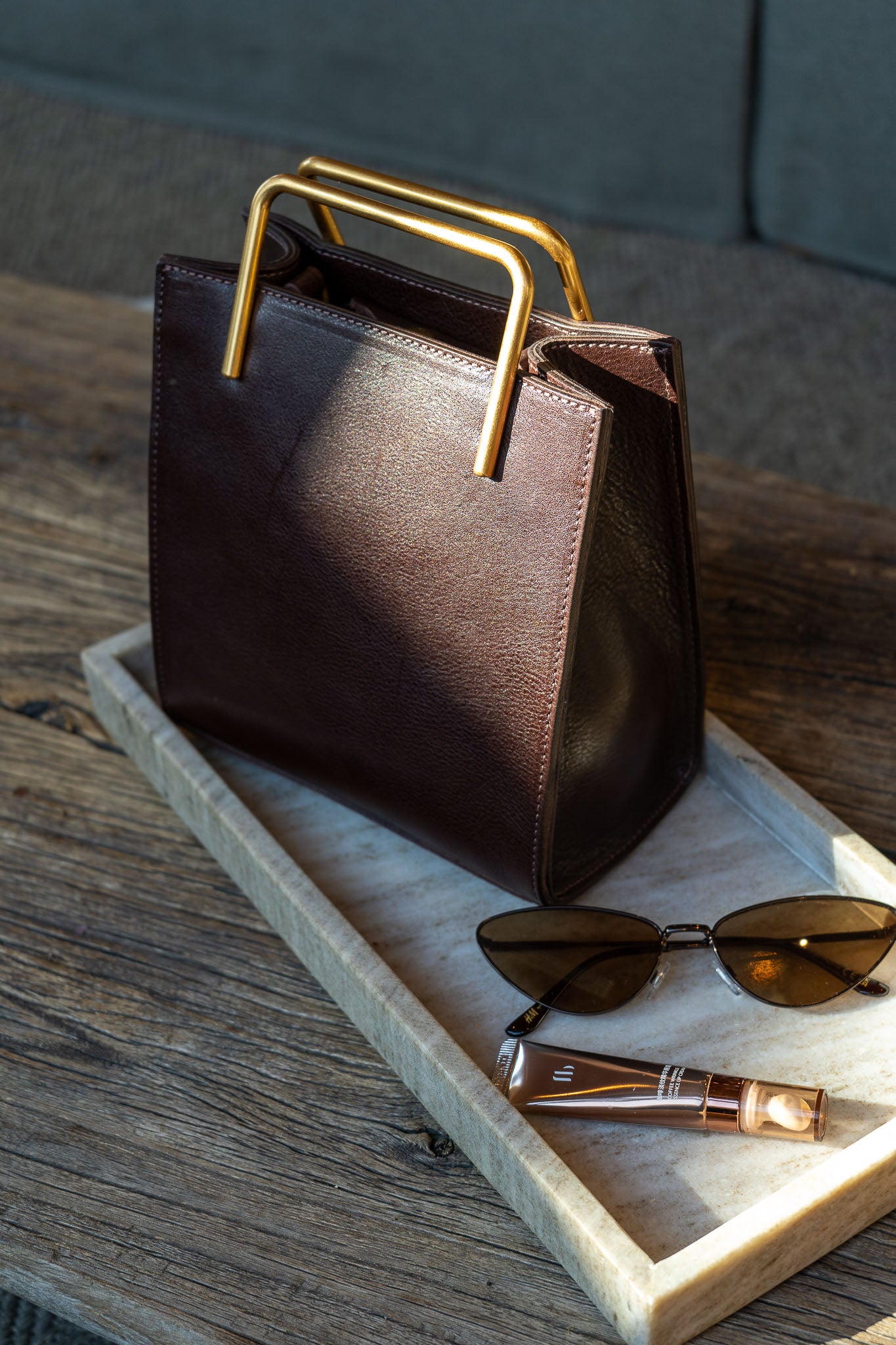 Harper Sculpted Mocha Leather Handbag - Gold Handle Tote