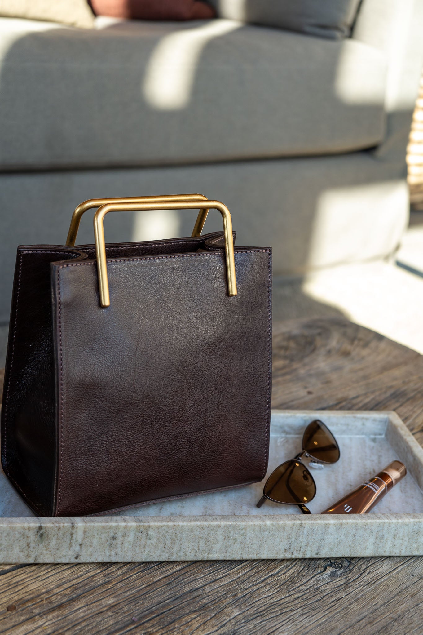 Harper Sculpted Mocha Leather Handbag - Gold Handle Tote