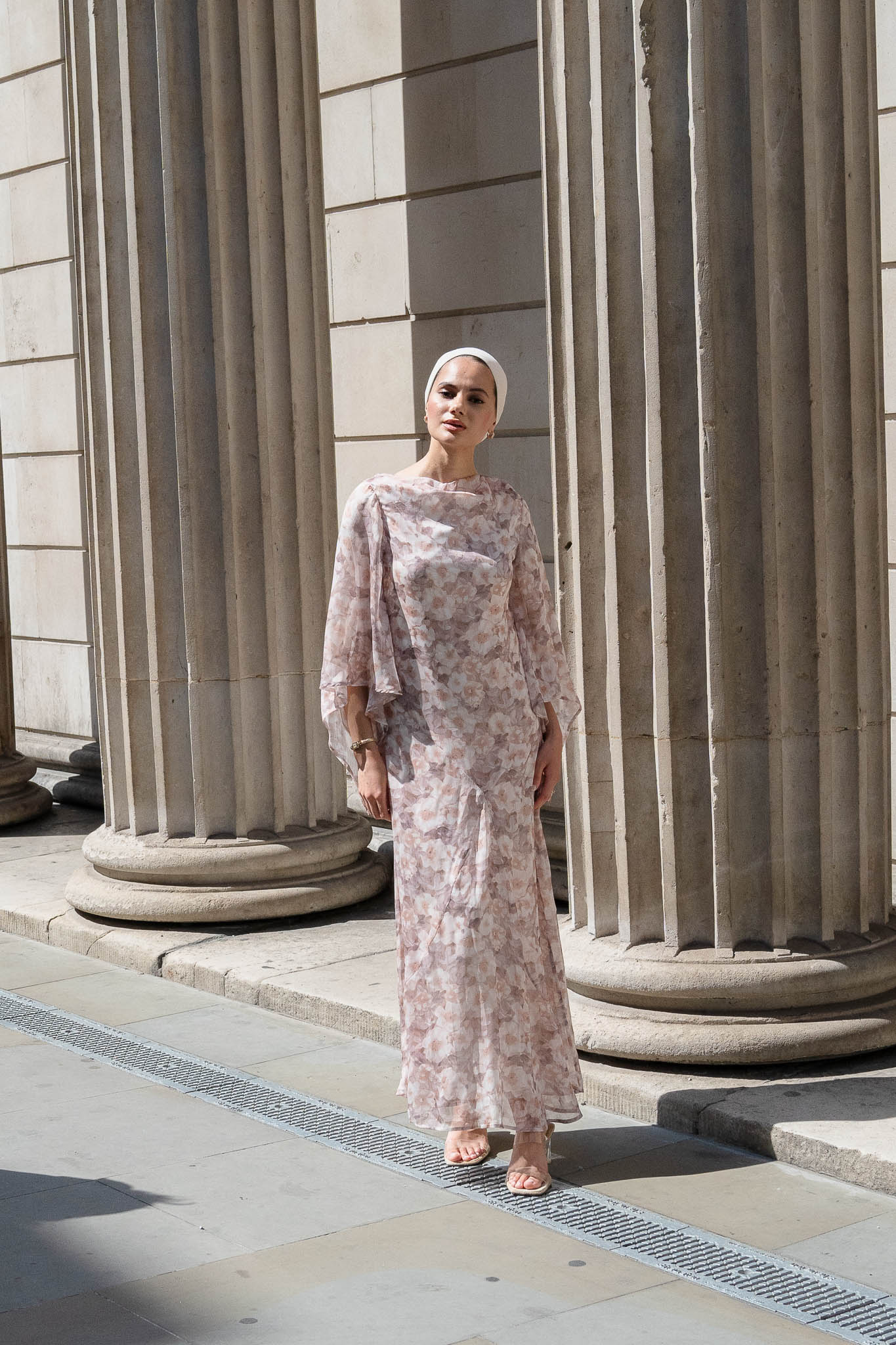 Chic Blush Floral Maxi Dress with Flowing Bell Sleeves