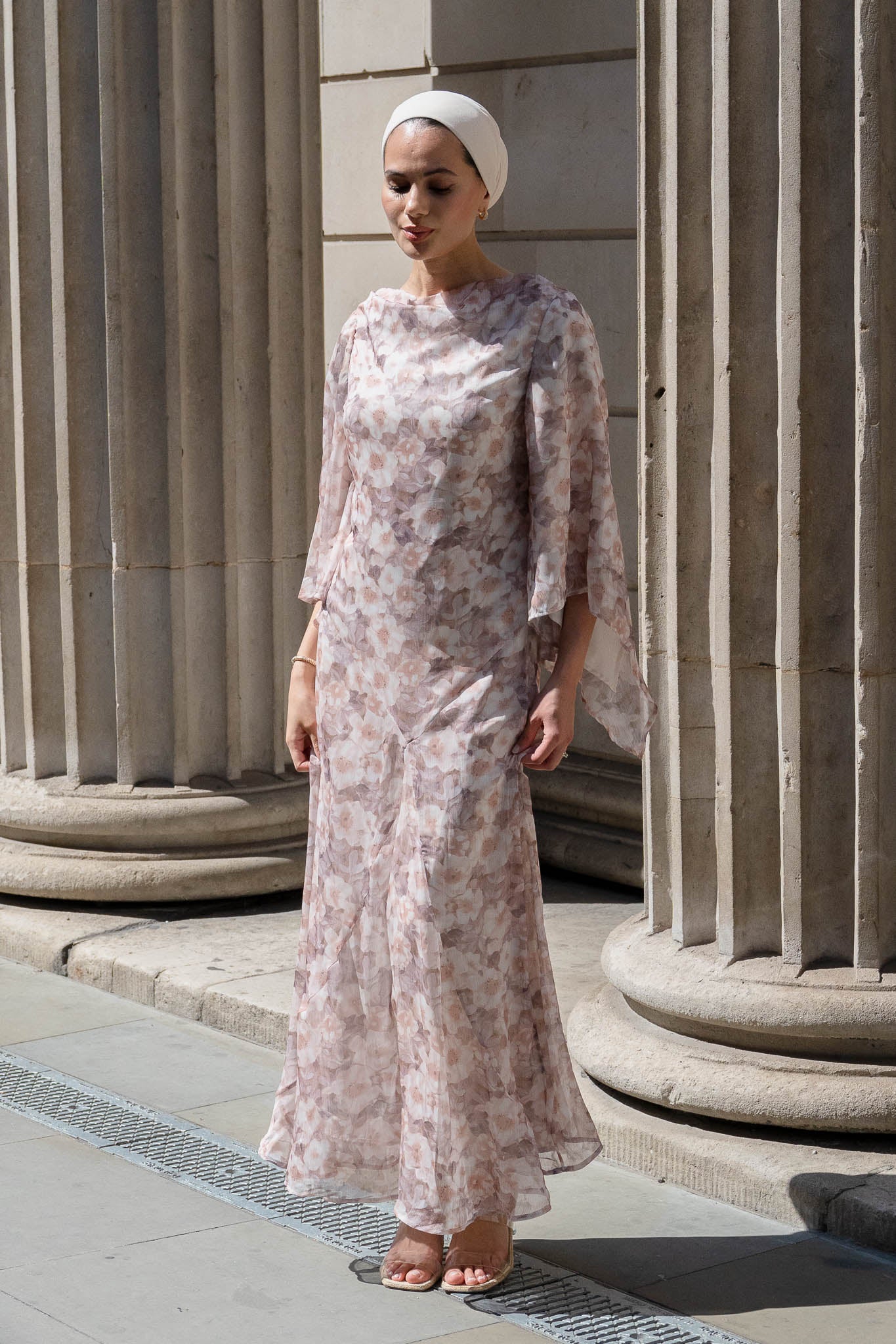 Chic Blush Floral Maxi Dress with Flowing Bell Sleeves