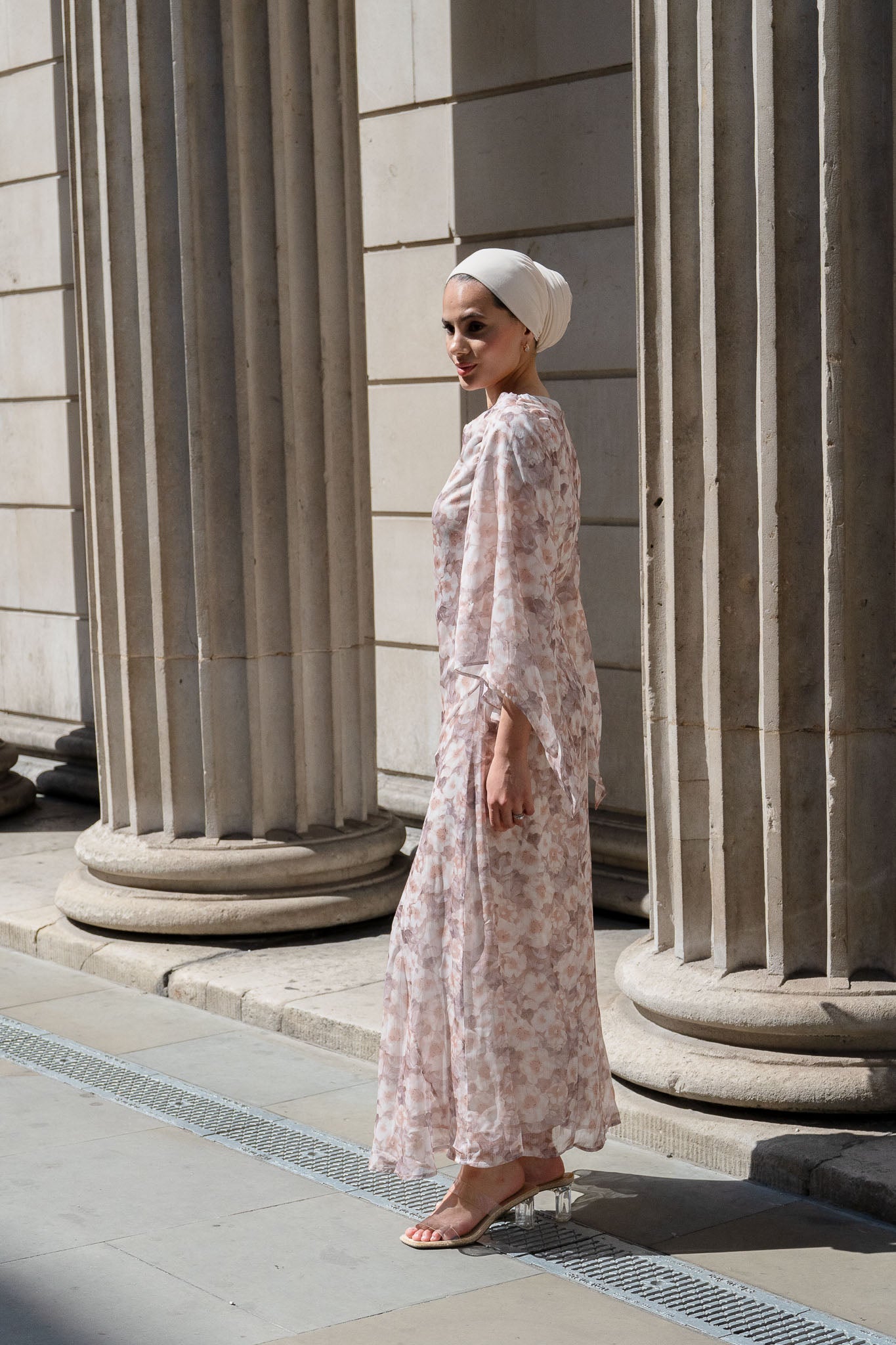 Chic Blush Floral Maxi Dress with Flowing Bell Sleeves