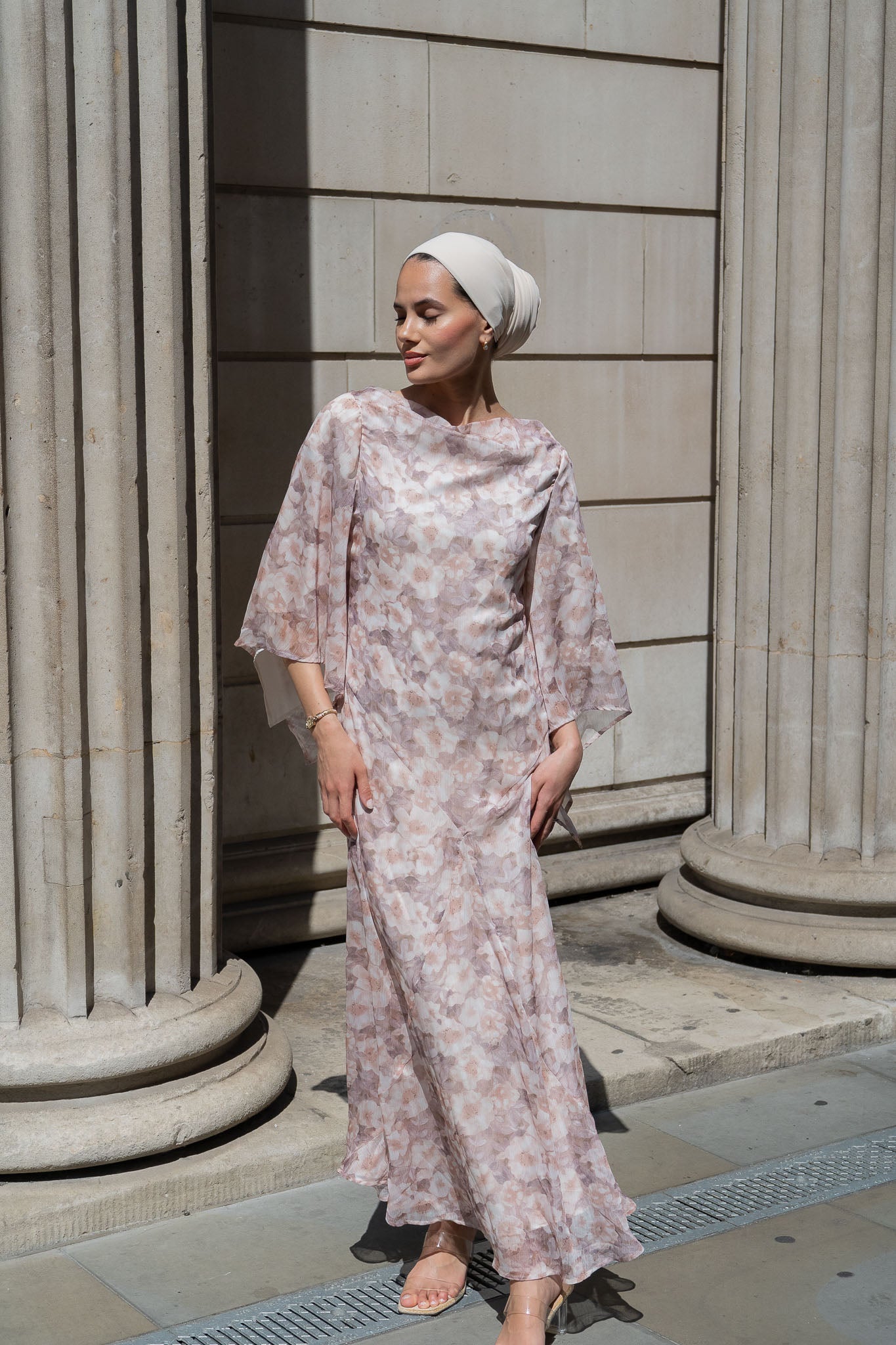 Chic Blush Floral Maxi Dress with Flowing Bell Sleeves