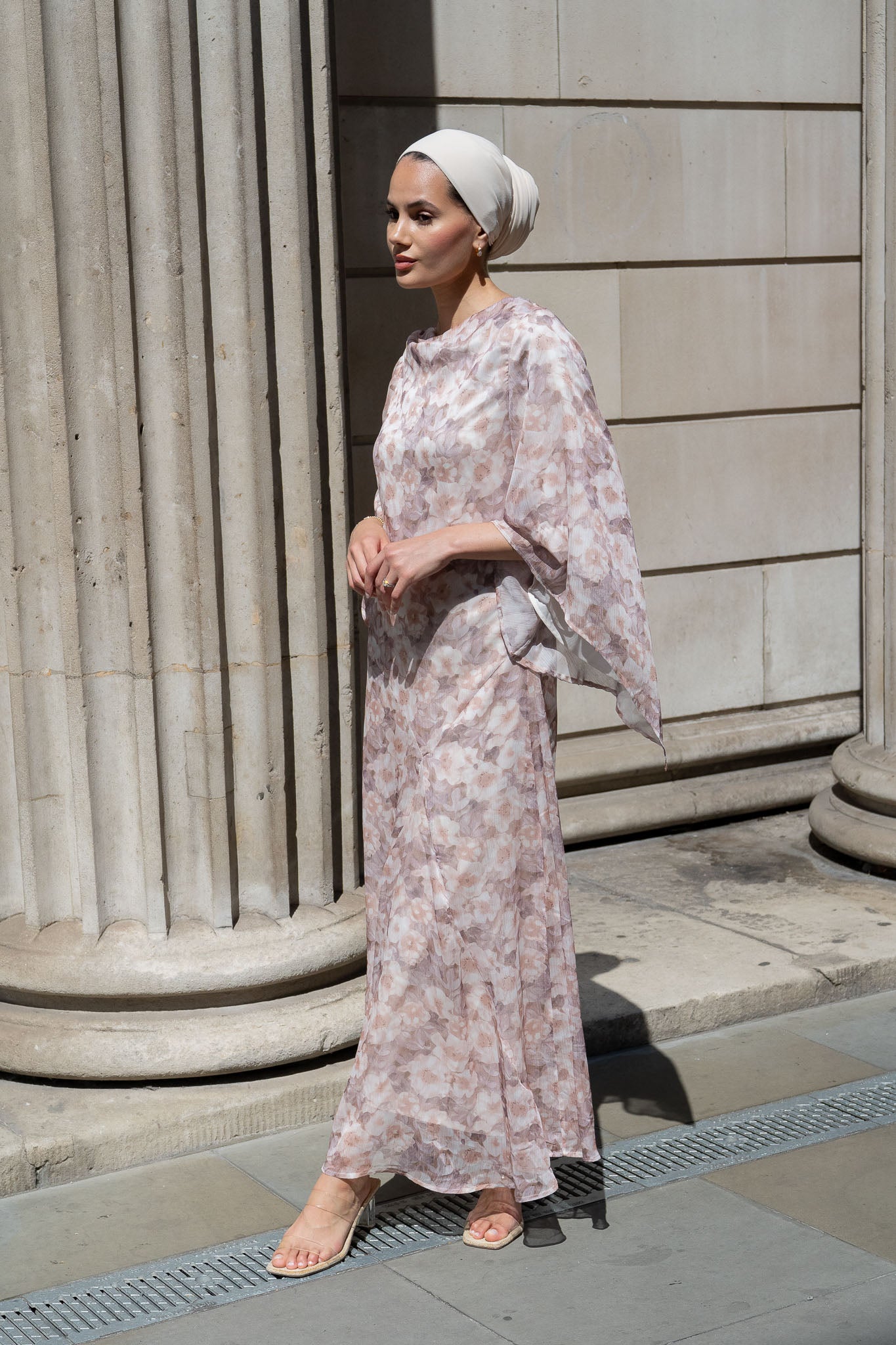 Chic Blush Floral Maxi Dress with Flowing Bell Sleeves