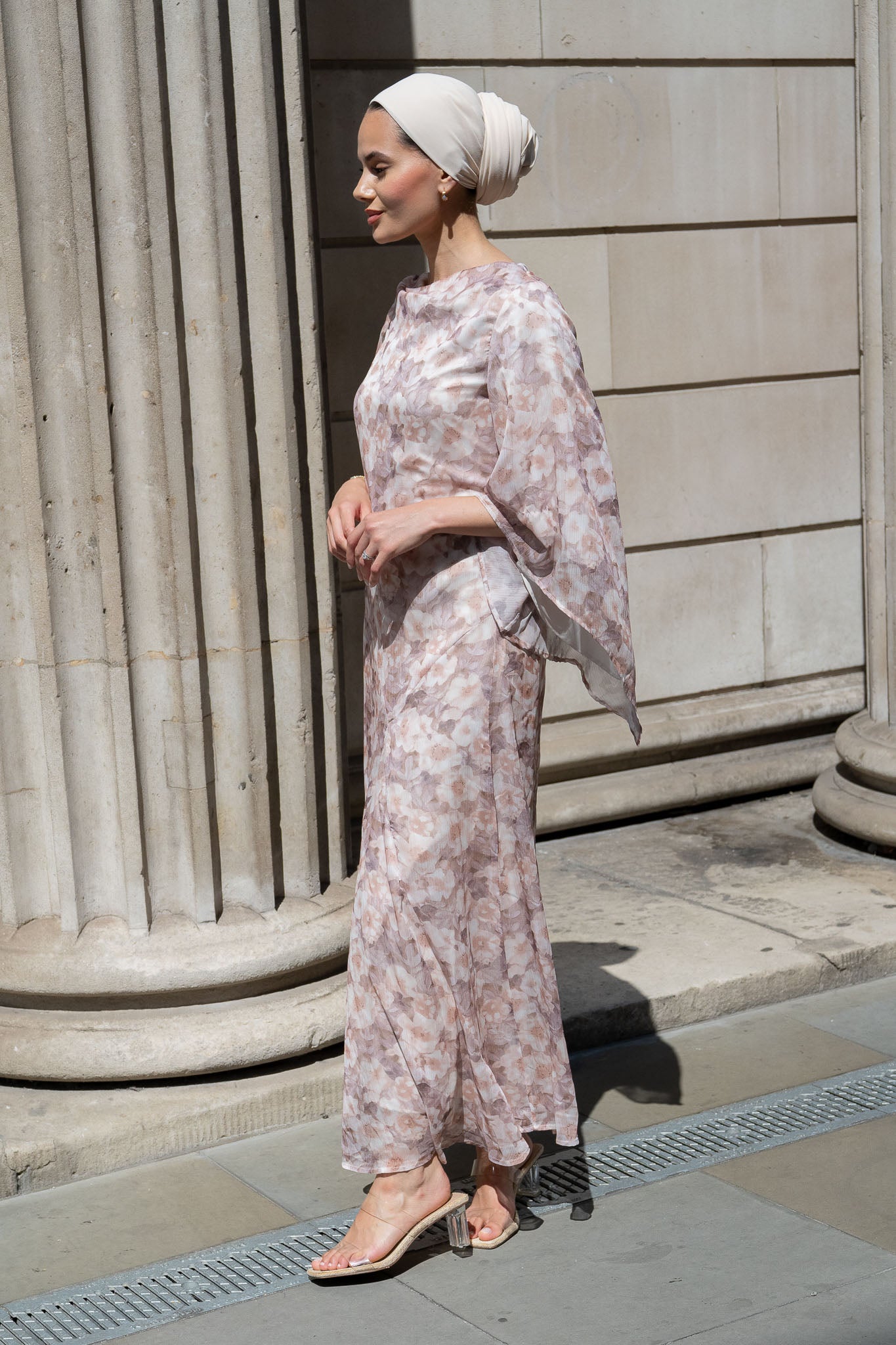 Chic Blush Floral Maxi Dress with Flowing Bell Sleeves