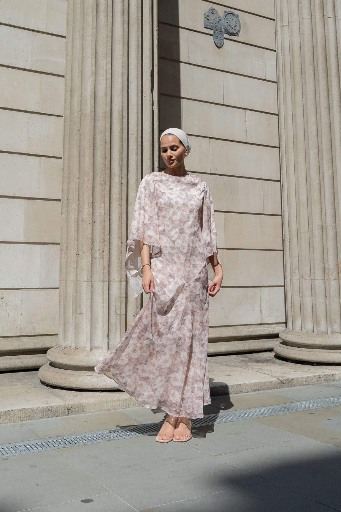 Chic Blush Floral Maxi Dress with Flowing Bell Sleeves
