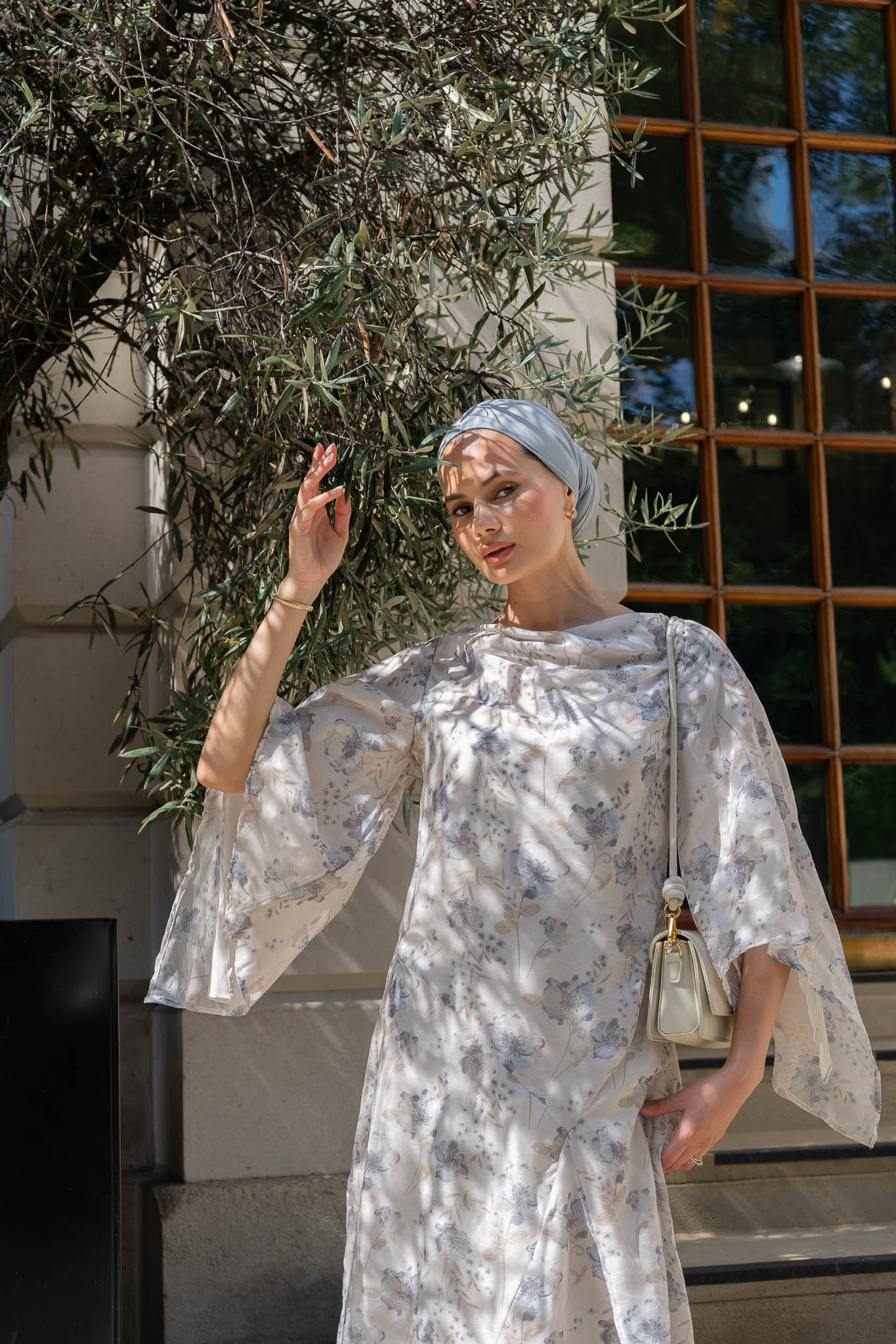 Chic Ivory Floral Maxi Dress with Flowing Bell Sleeves