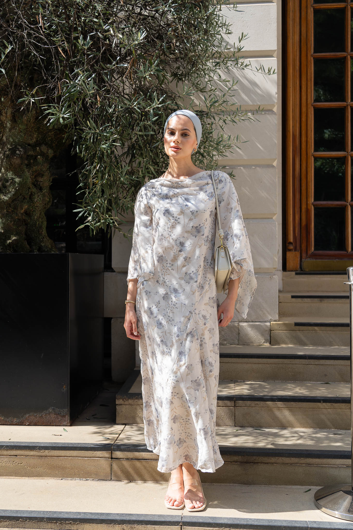 Chic Ivory Floral Maxi Dress with Flowing Bell Sleeves