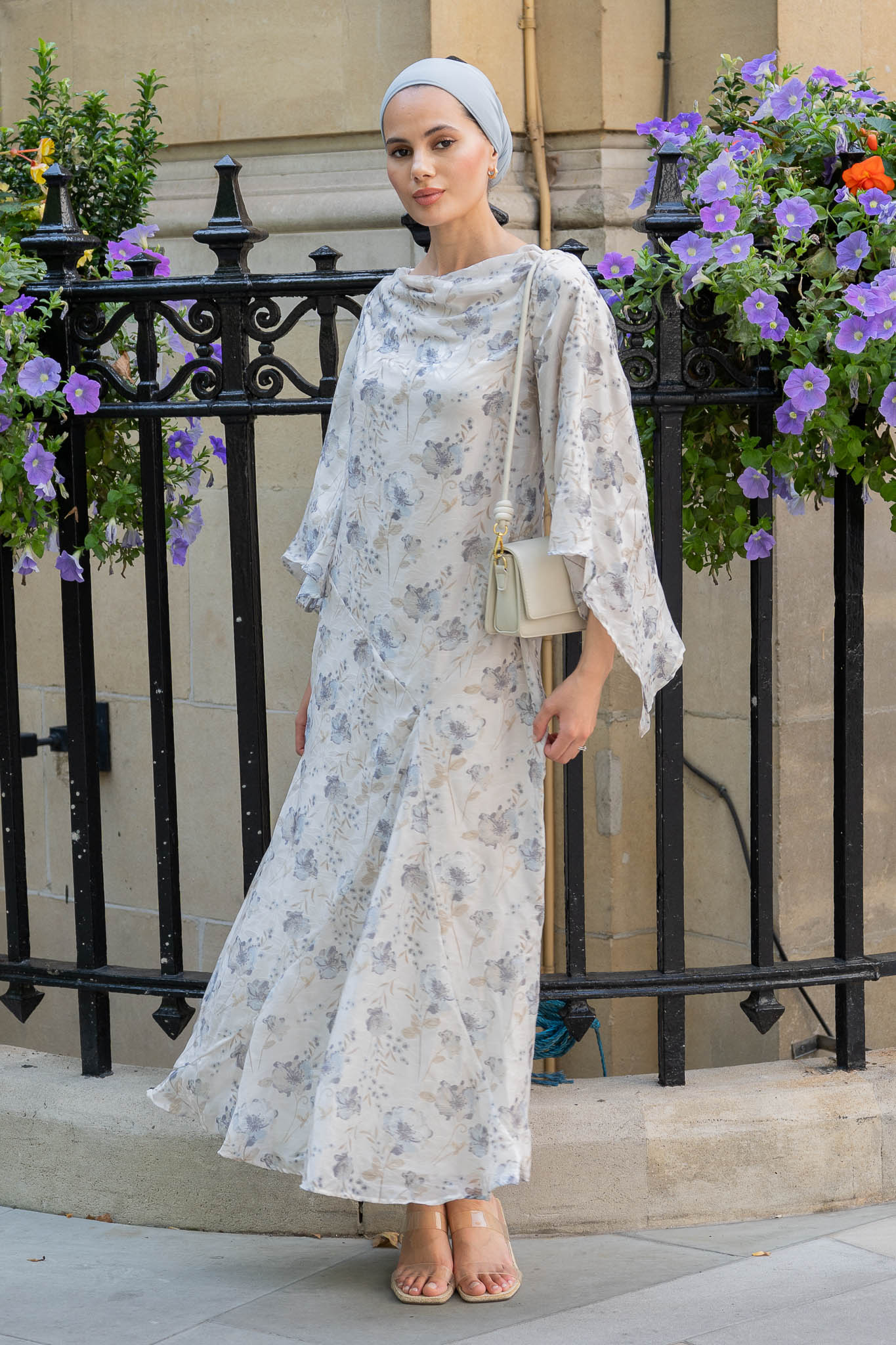Chic Ivory Floral Maxi Dress with Flowing Bell Sleeves