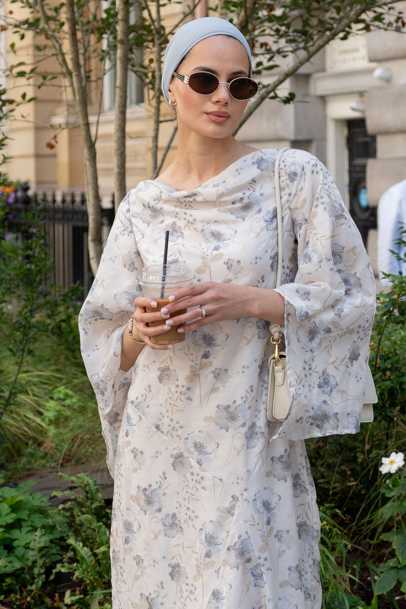 Chic Ivory Floral Maxi Dress with Flowing Bell Sleeves