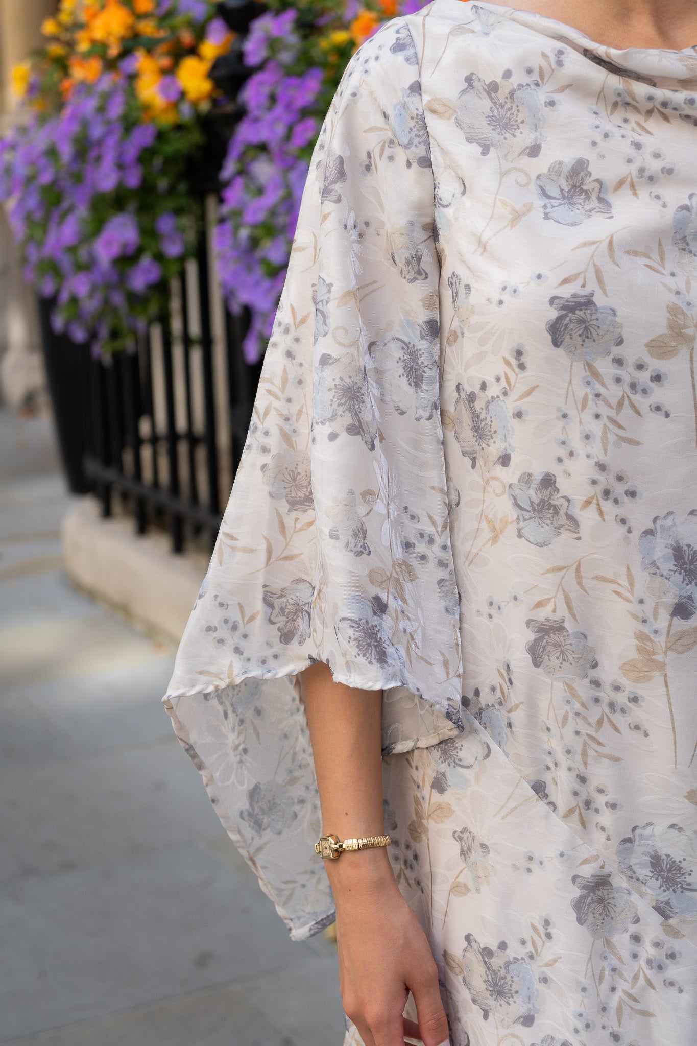 Chic Ivory Floral Maxi Dress with Flowing Bell Sleeves