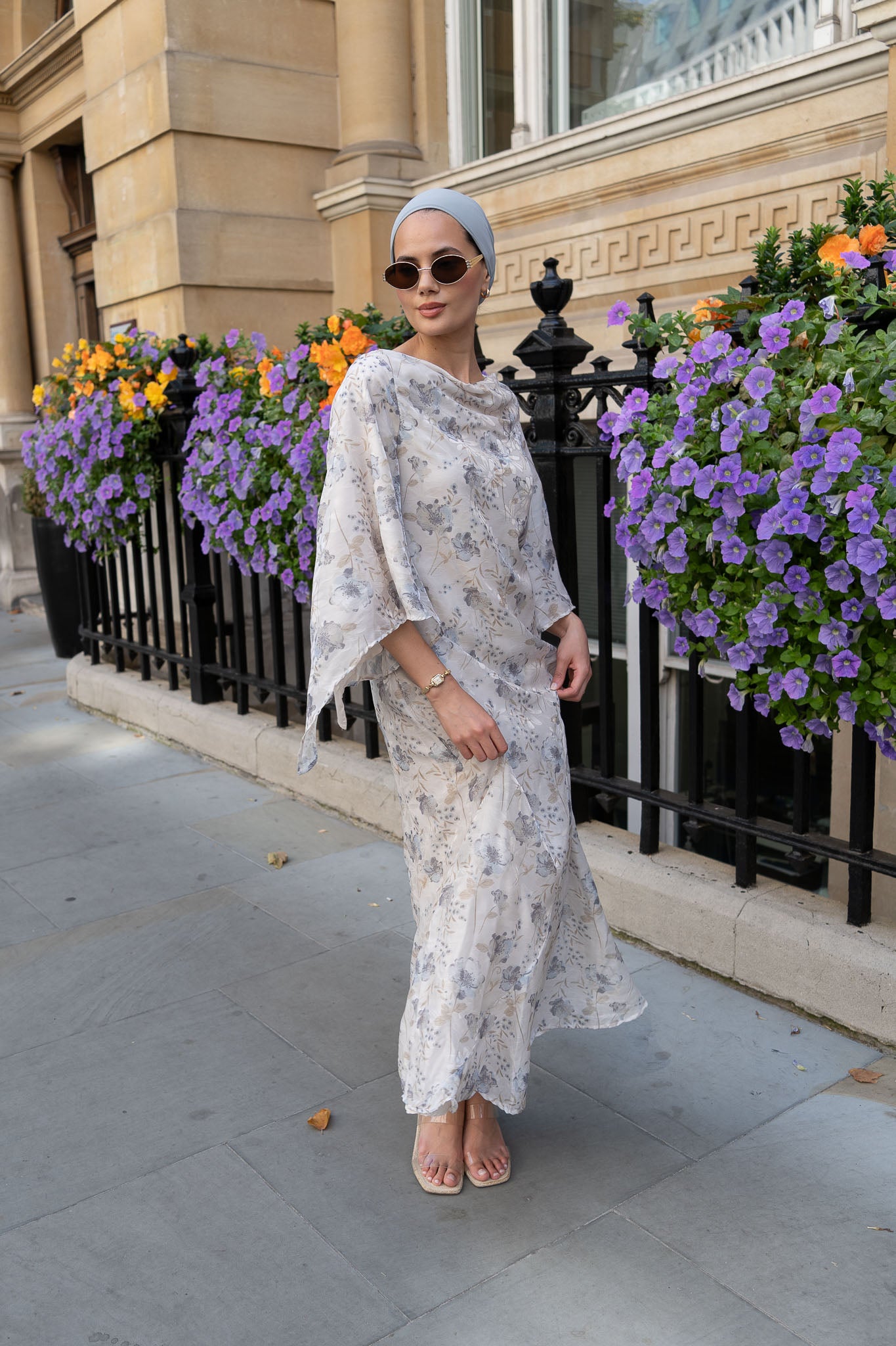 Chic Ivory Floral Maxi Dress with Flowing Bell Sleeves