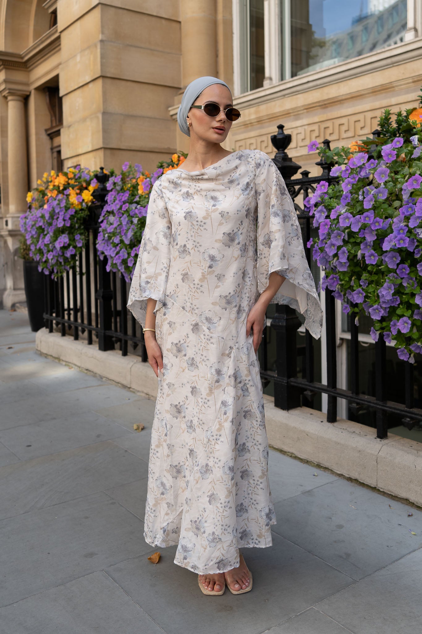 Chic Ivory Floral Maxi Dress with Flowing Bell Sleeves