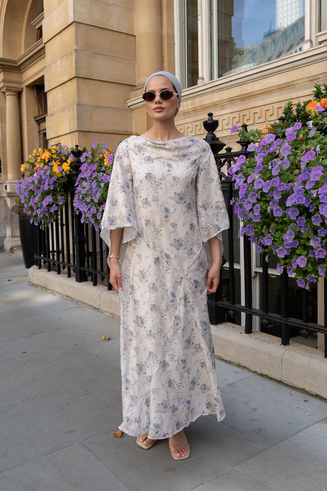 Chic Ivory Floral Maxi Dress with Flowing Bell Sleeves