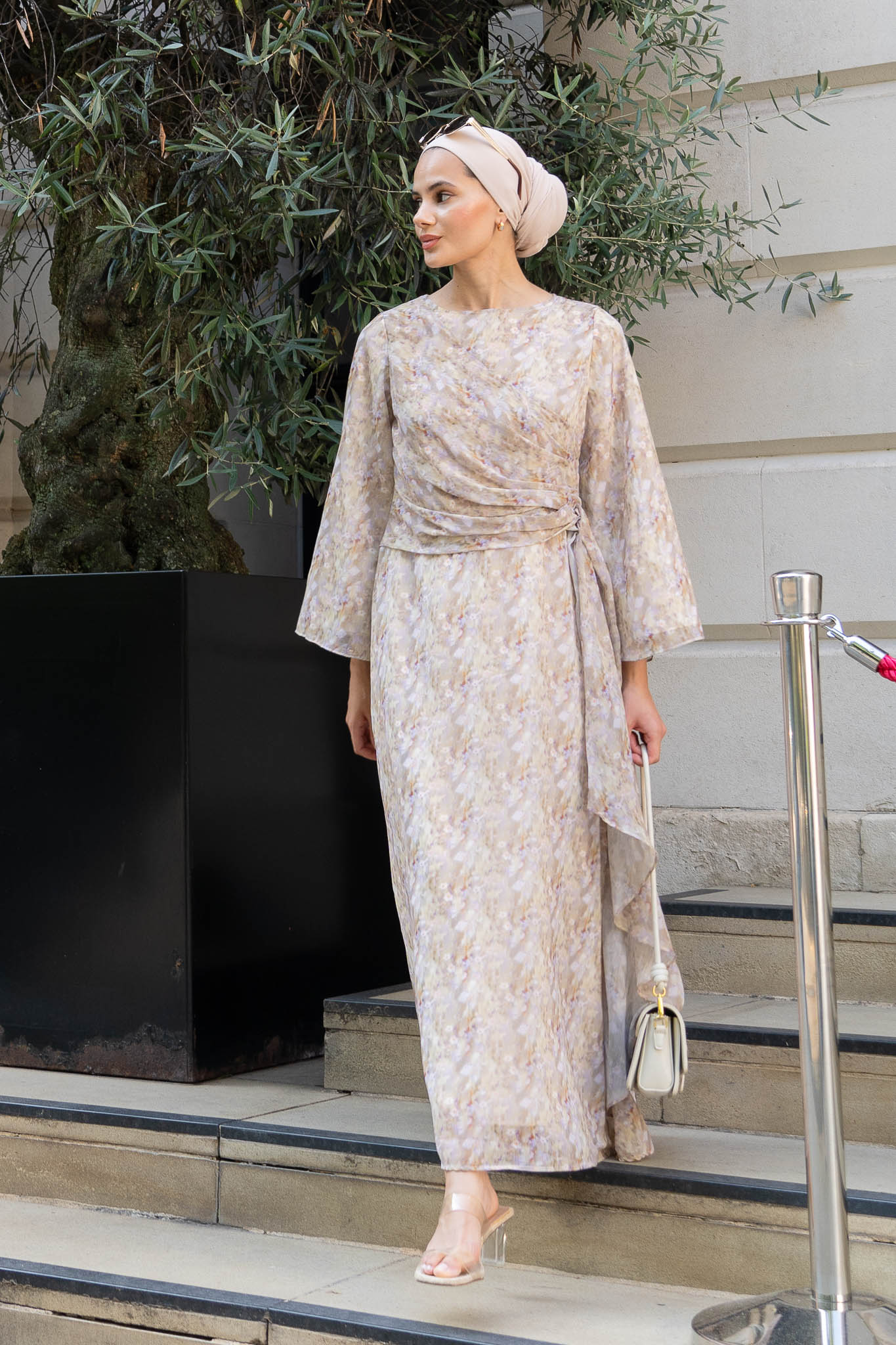 Ethereal Beige Floral Maxi Dress with Draped Detail