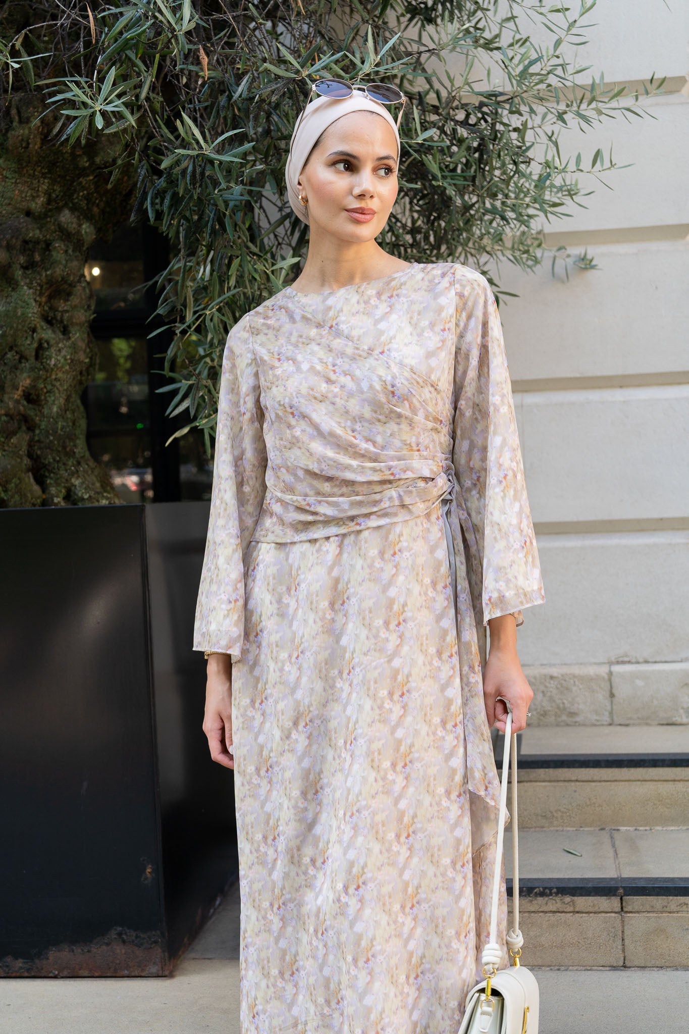 Ethereal Beige Floral Maxi Dress with Draped Detail