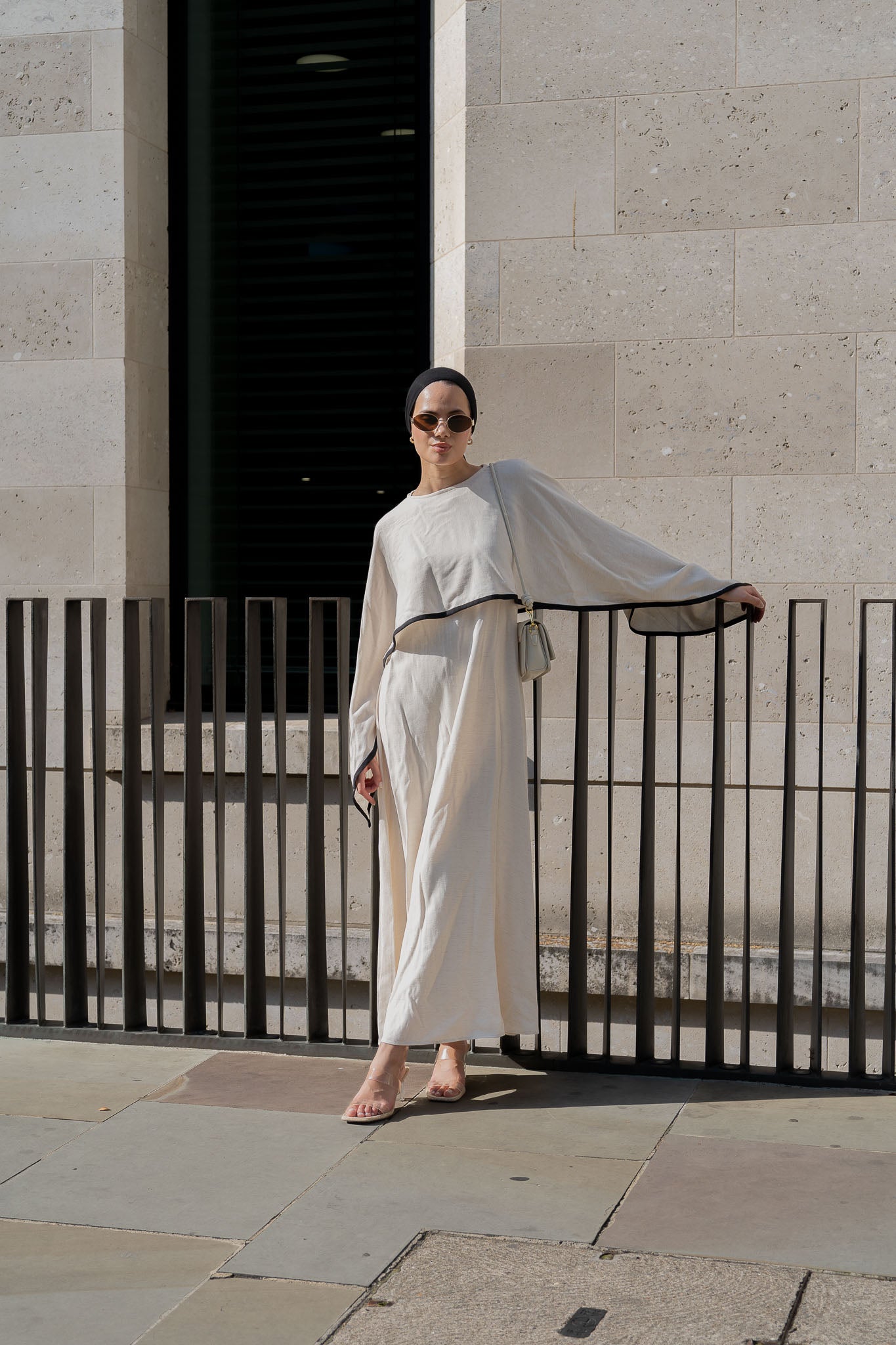 Elegant Ivory Linen Maxi Dress with Contrast Detailing