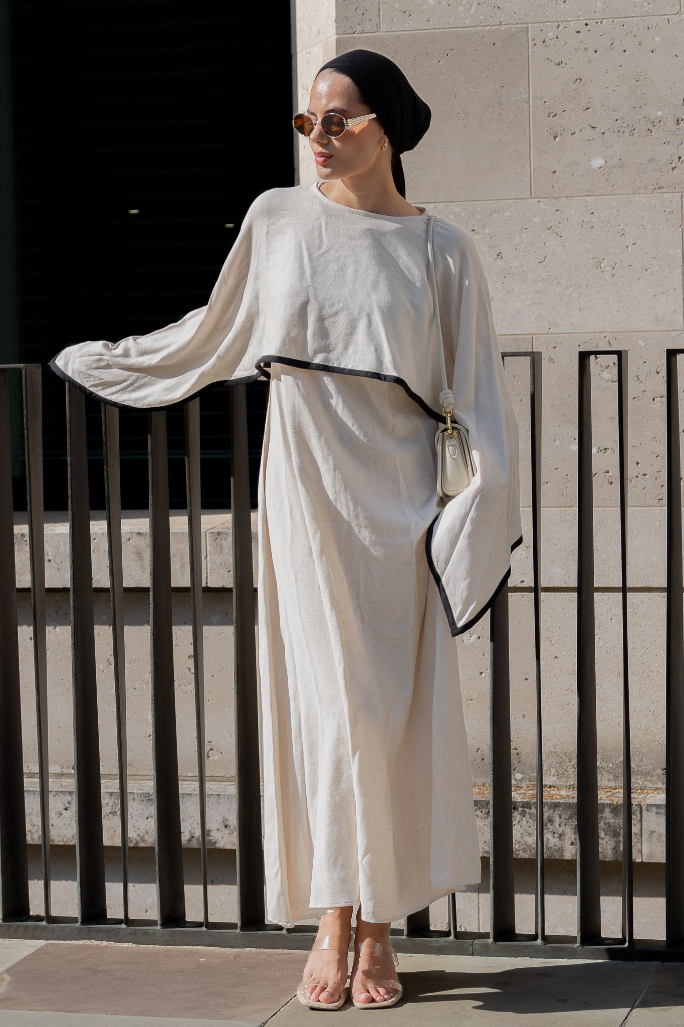 Elegant Ivory Linen Maxi Dress with Contrast Detailing