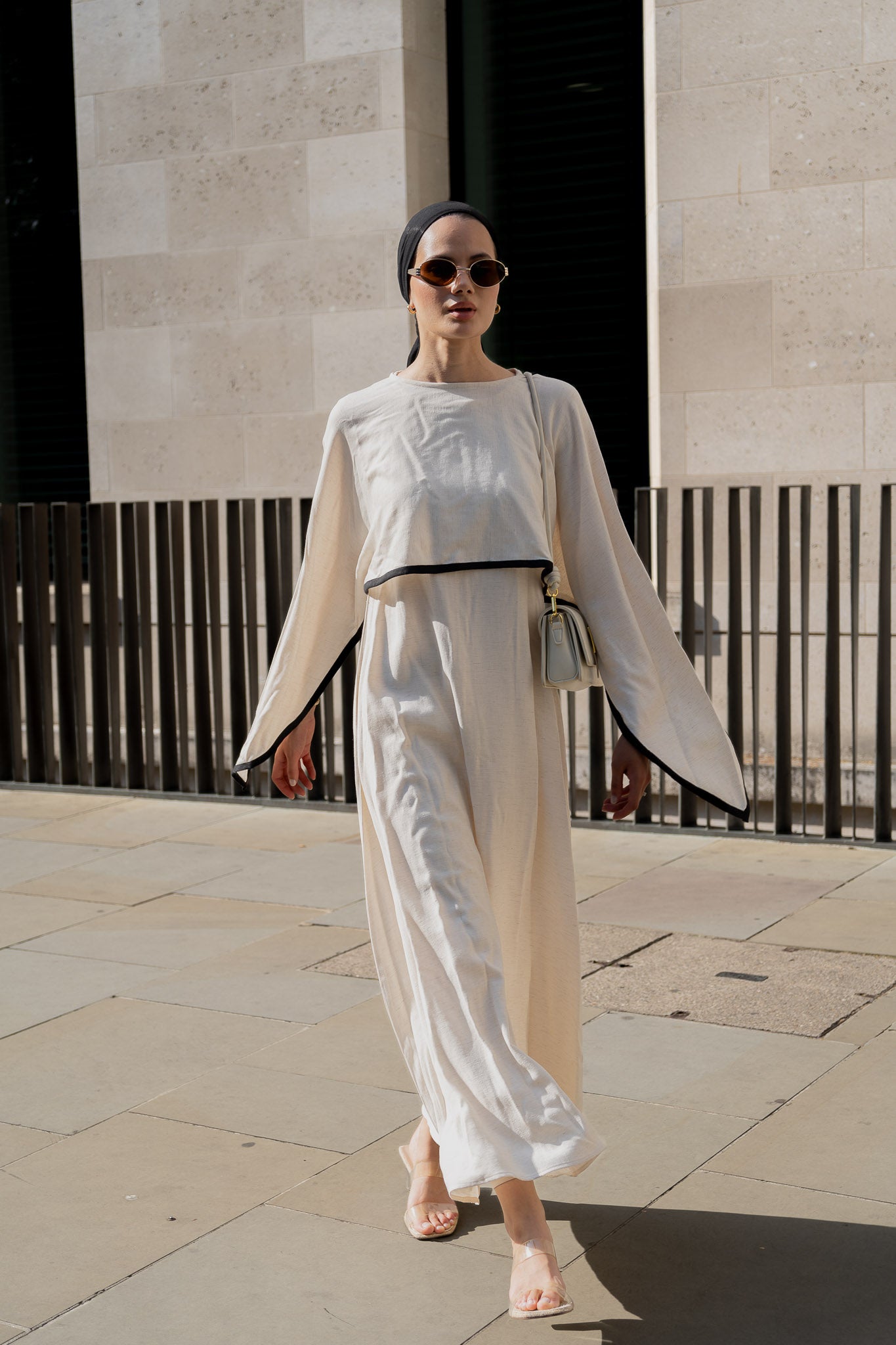 Elegant Ivory Linen Maxi Dress with Contrast Detailing