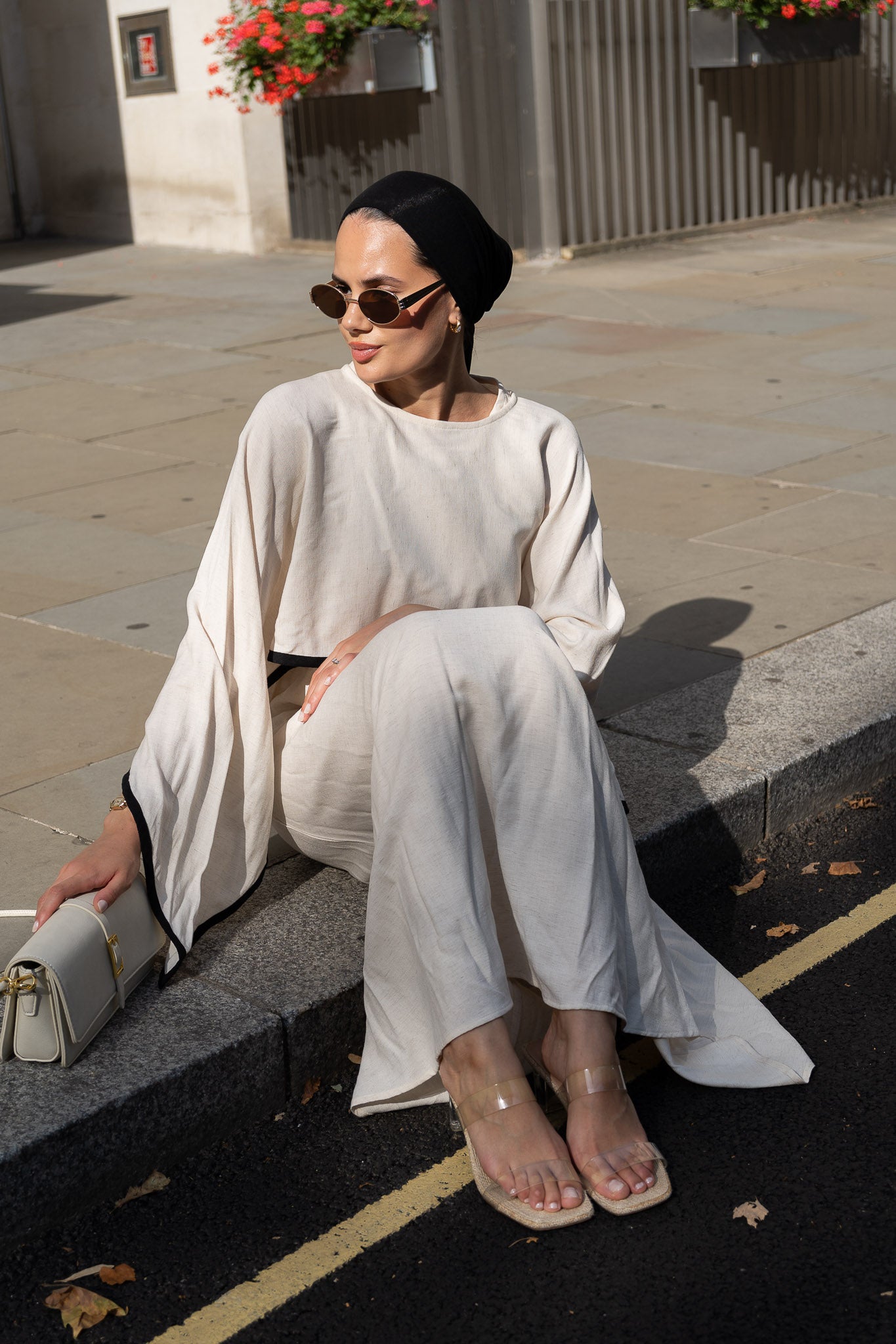 Elegant Ivory Linen Maxi Dress with Contrast Detailing