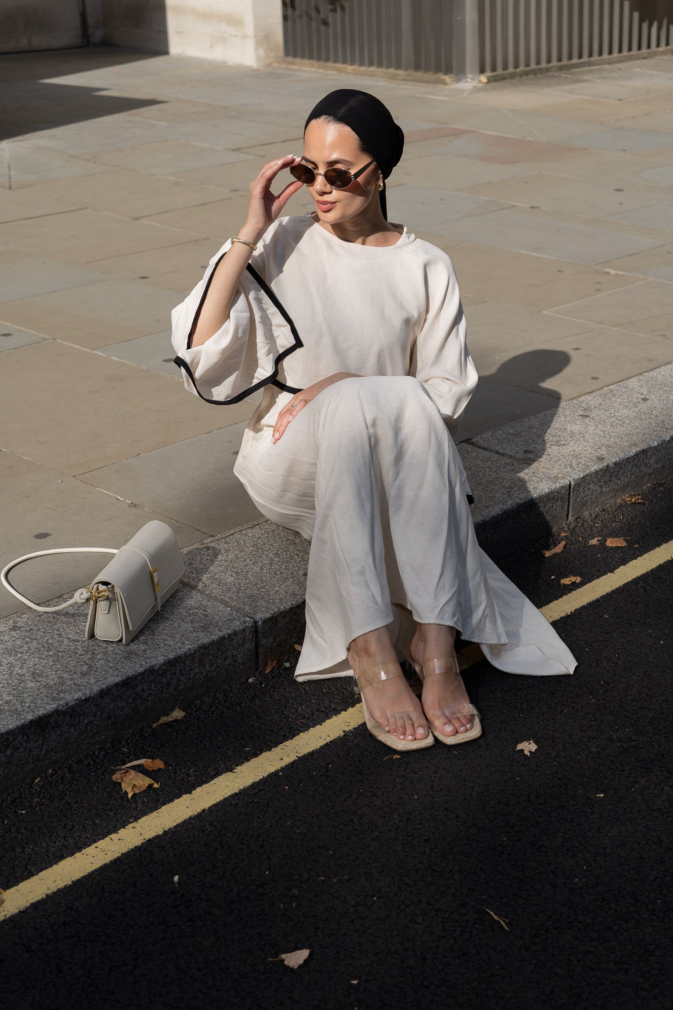 Elegant Ivory Linen Maxi Dress with Contrast Detailing