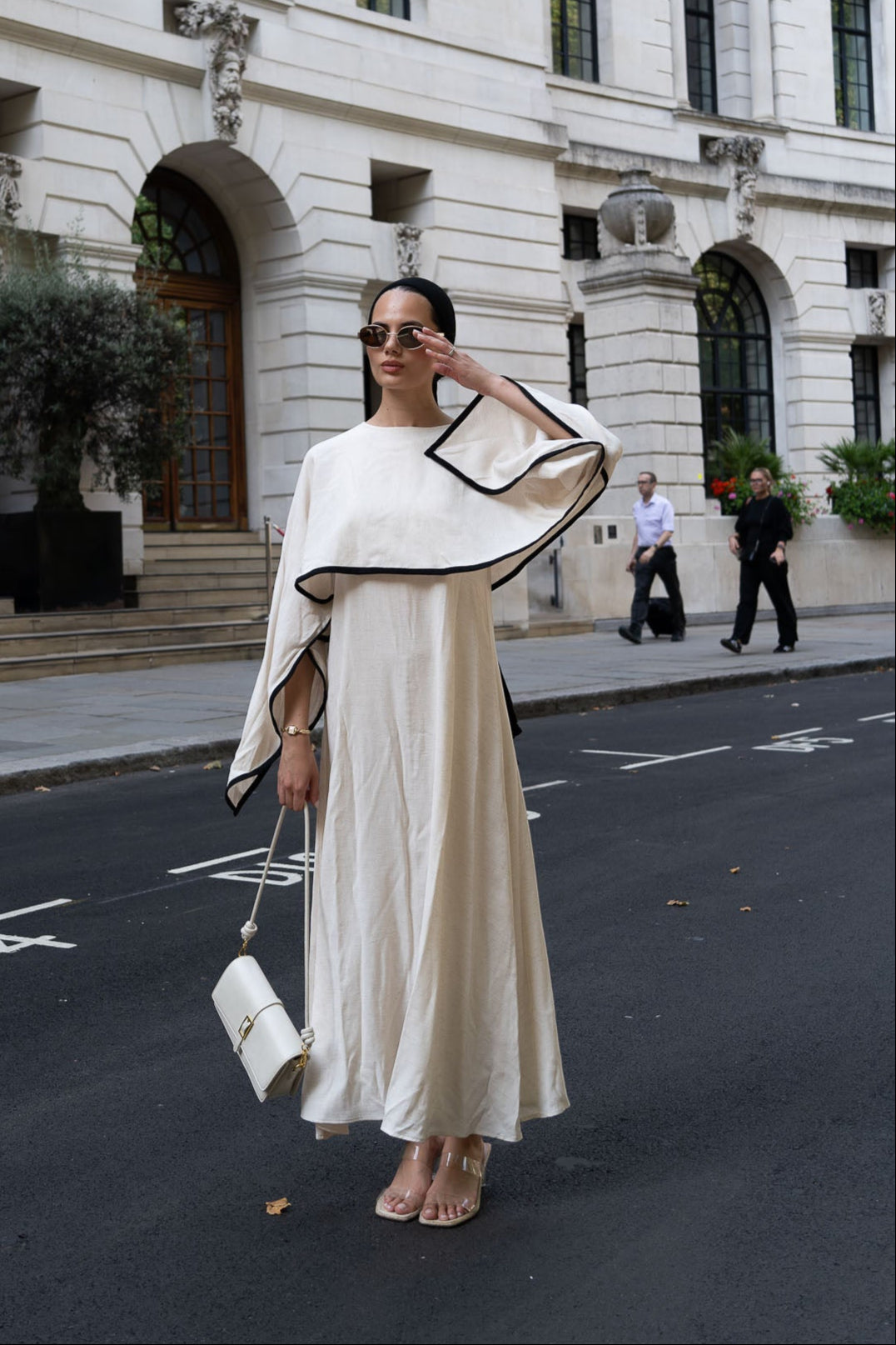 Elegant Ivory Linen Maxi Dress with Contrast Detailing