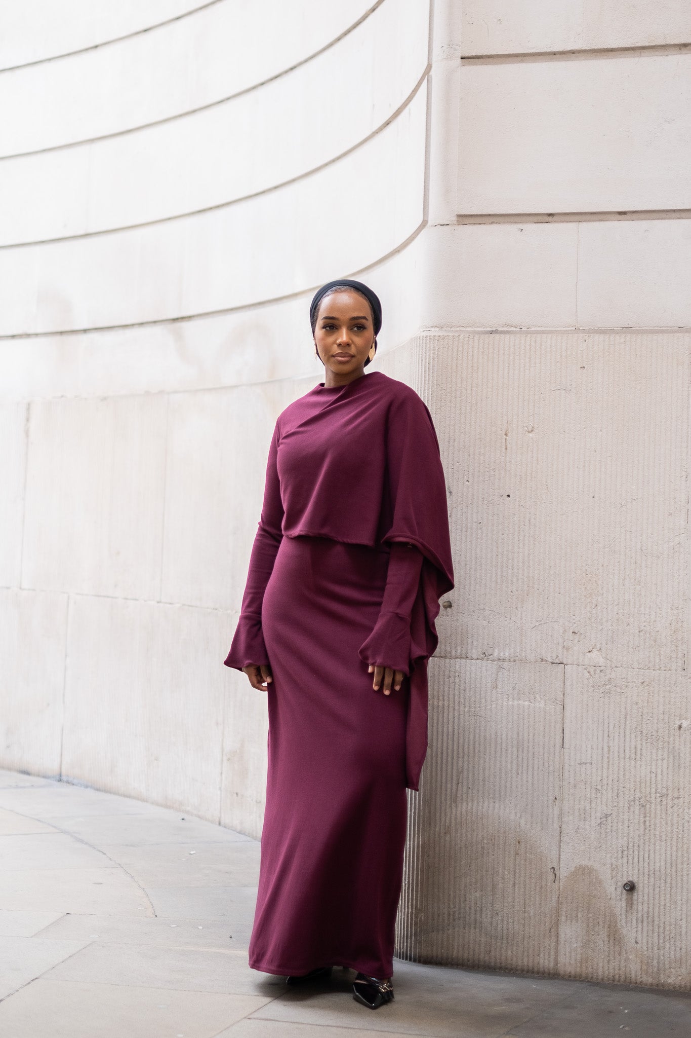 Plum Elegance Modest Dress with Shawl