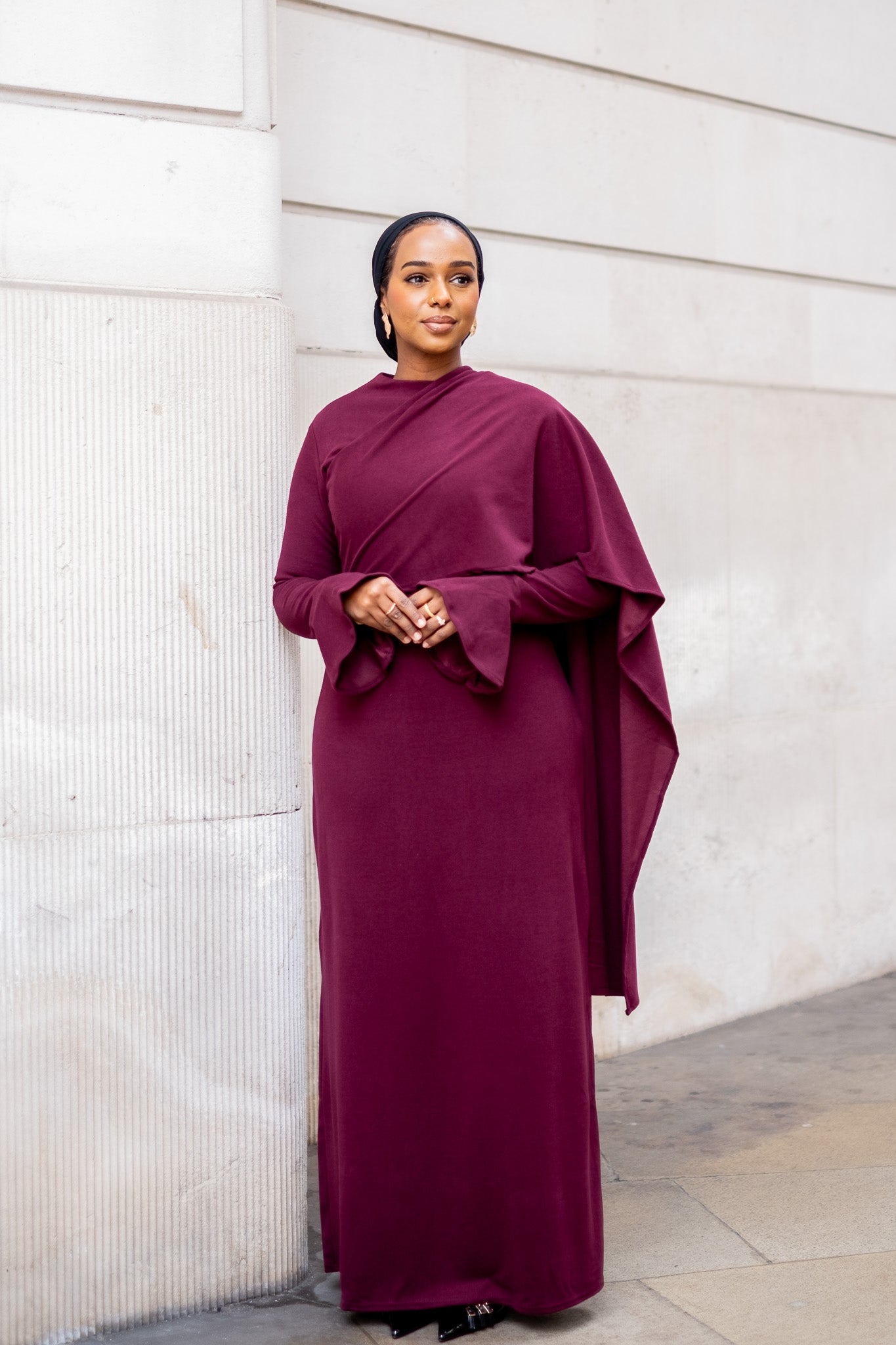 Plum Elegance Modest Dress with Shawl