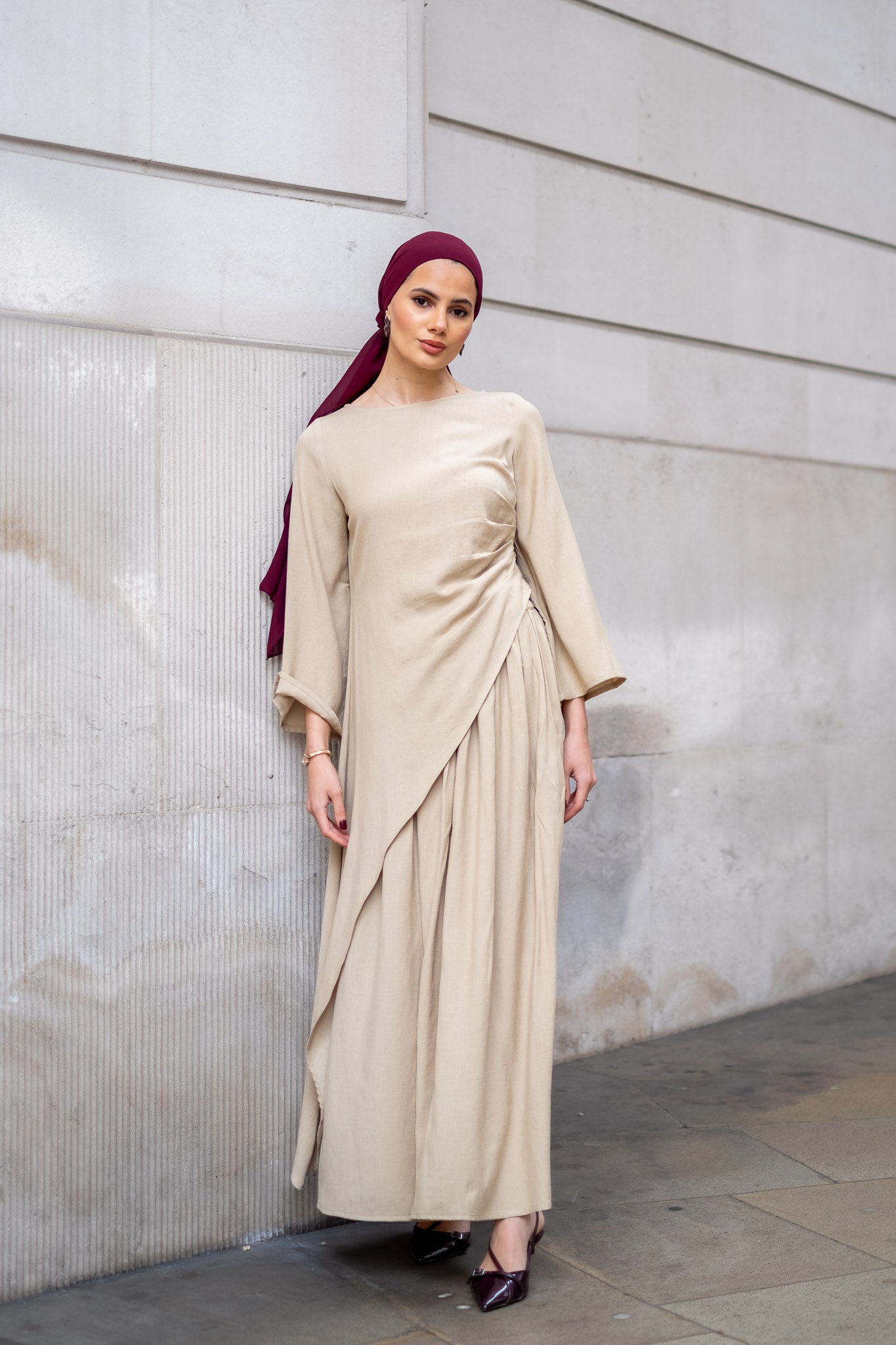 Asymmetrical Beige Modest flow blouse and skirt co-ord