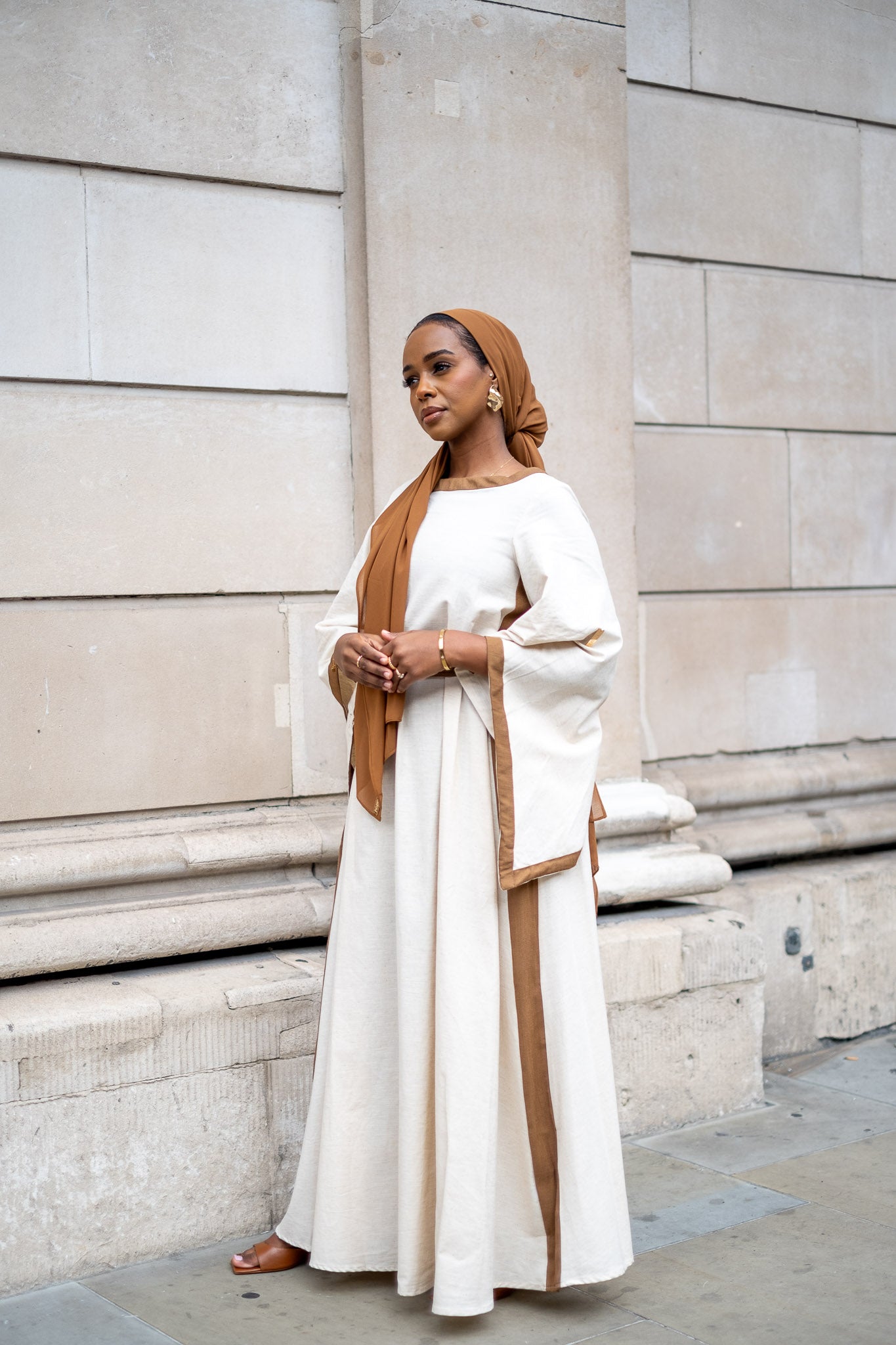 Belted Sand Modest Maxi dress with Chocolate Contrast Detailing