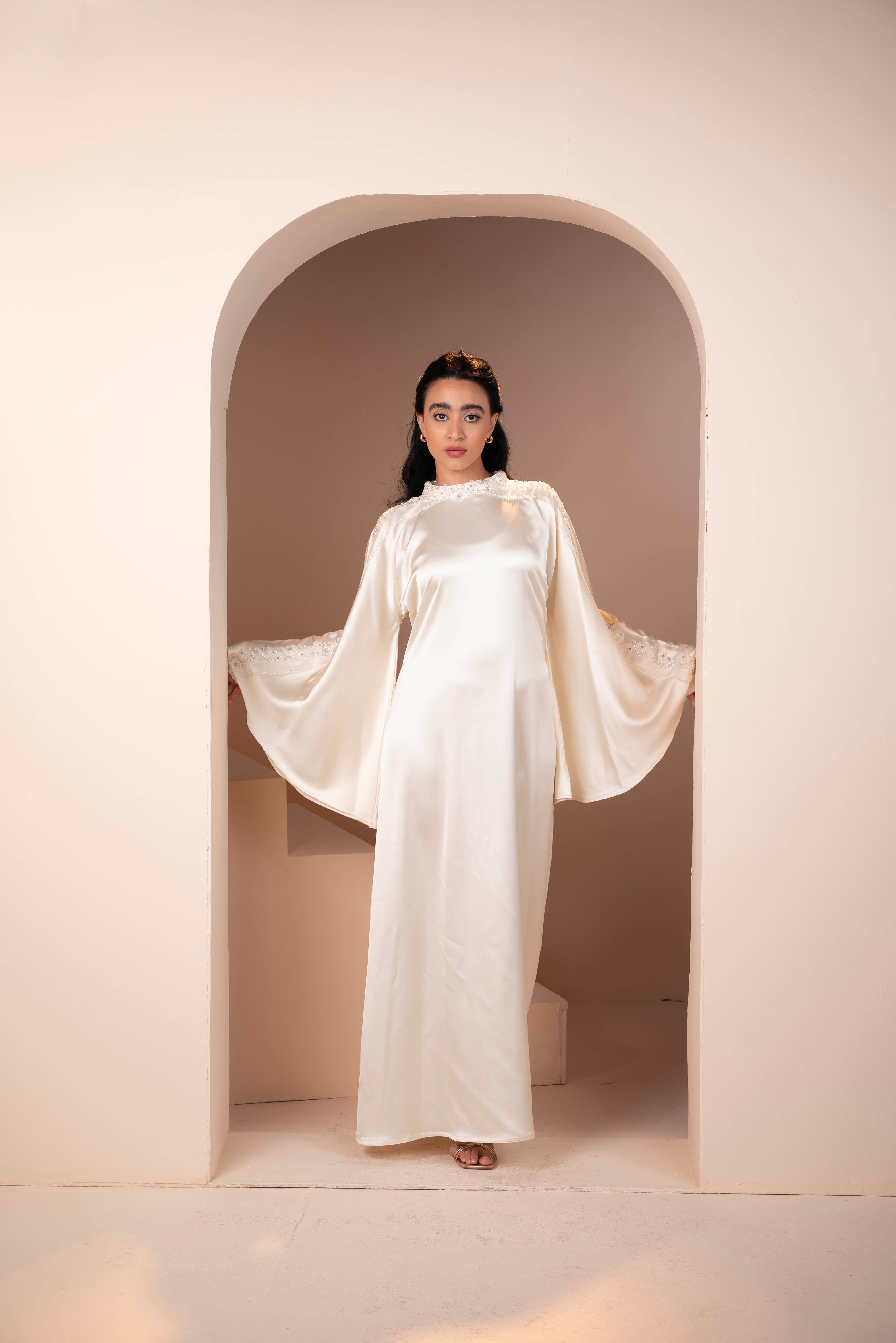 Ivory Cream Embellished Belted Satin Abaya