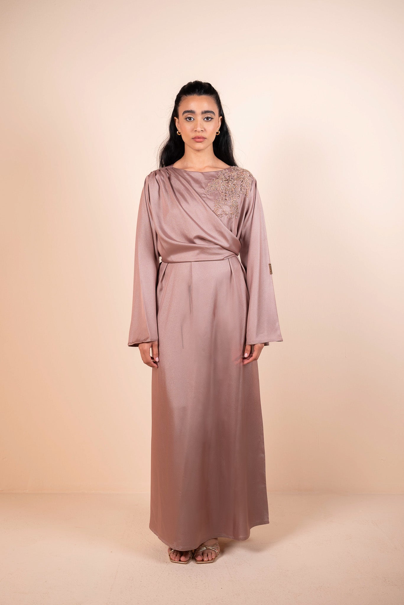 Dusk Pink Draped Embellished Abaya