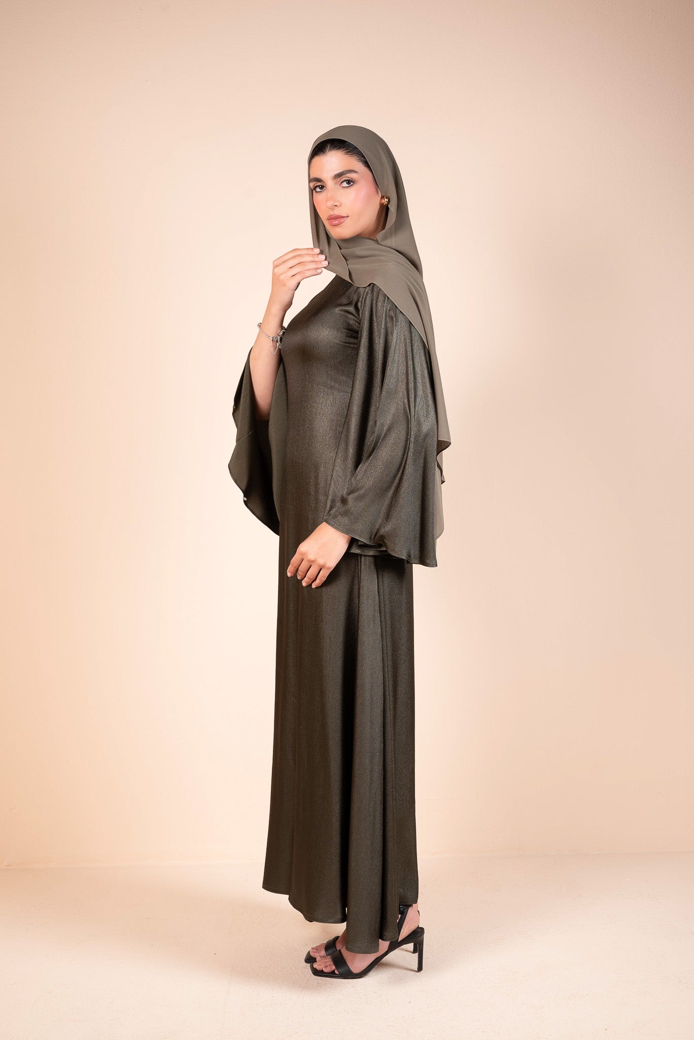 Dark Olive Green Satin Bell Sleeves Flow Dress