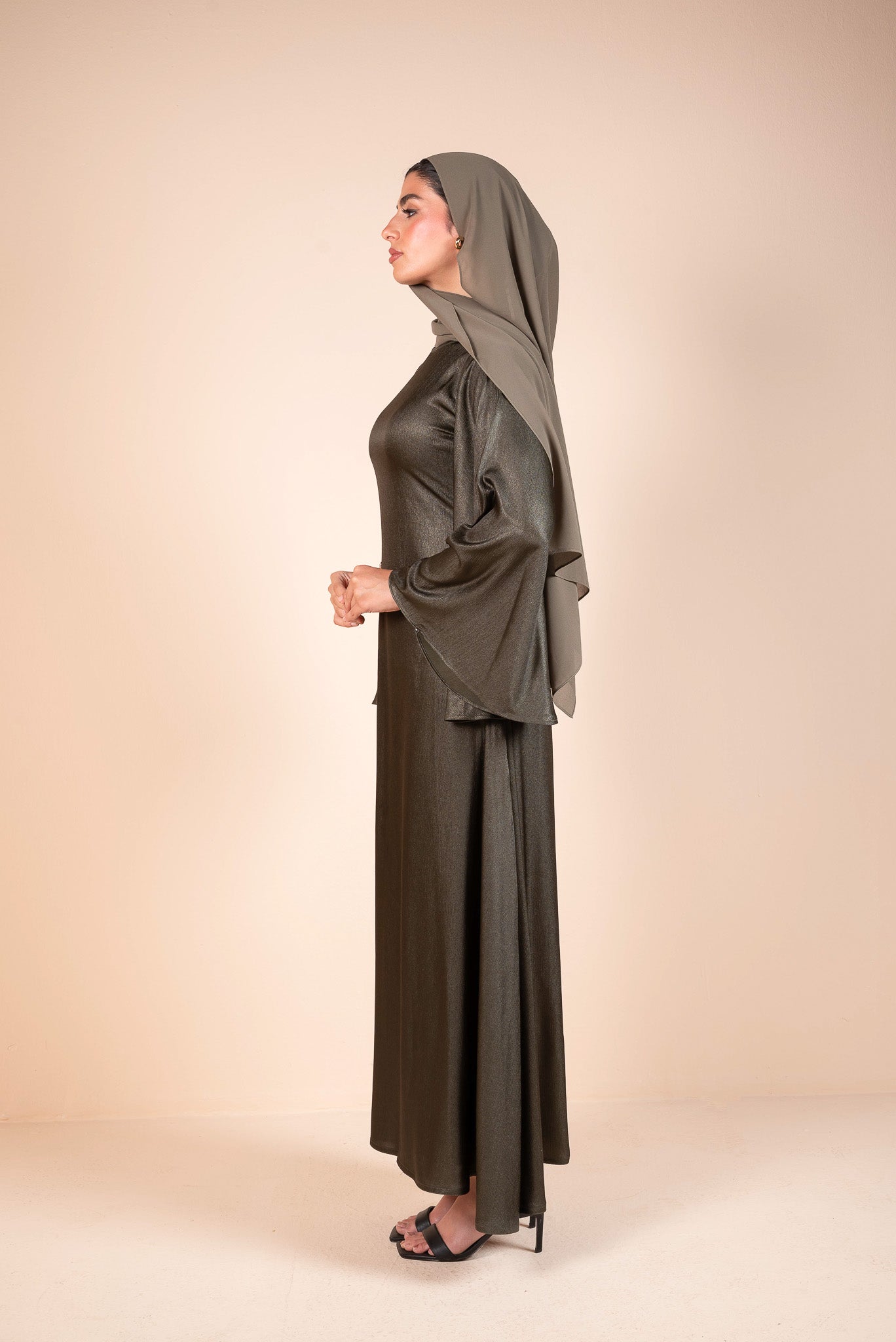 Dark Olive Green Satin Bell Sleeves Flow Dress