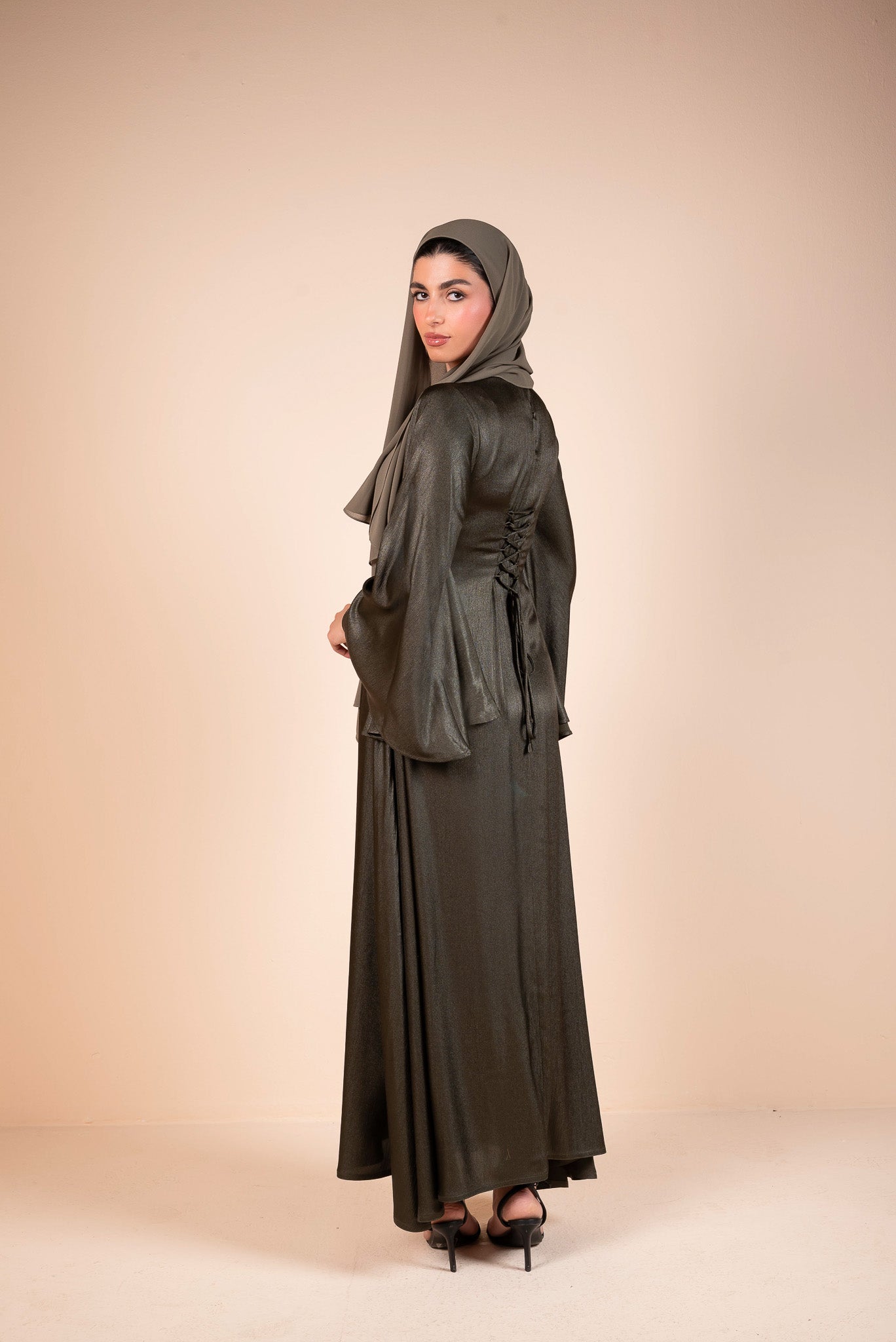 Dark Olive Green Satin Bell Sleeves Flow Dress