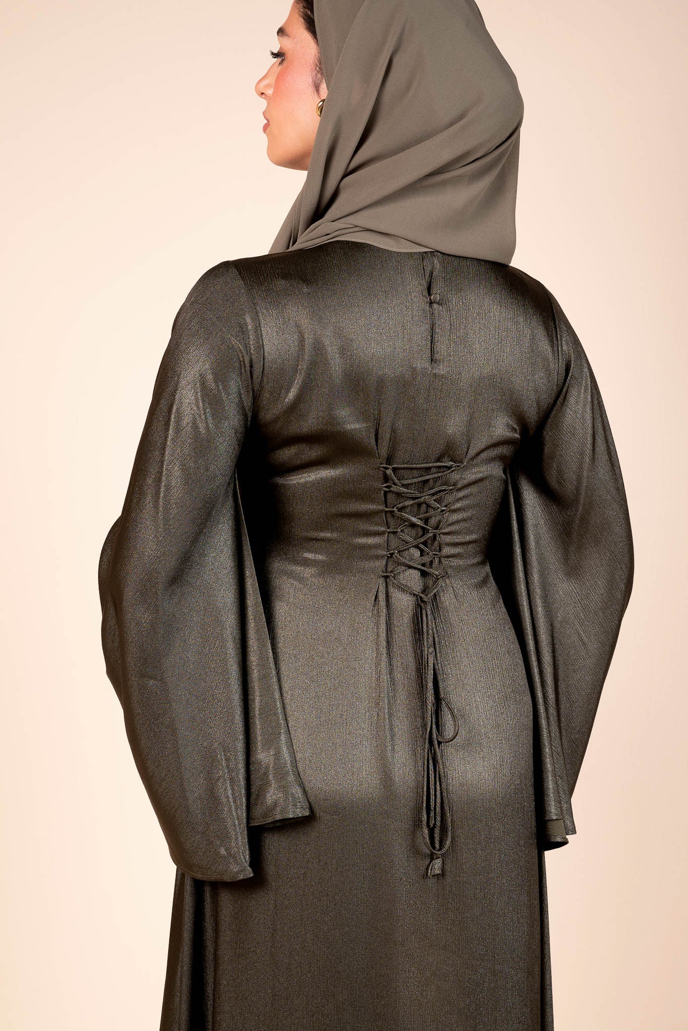 Dark Olive Green Satin Bell Sleeves Flow Dress