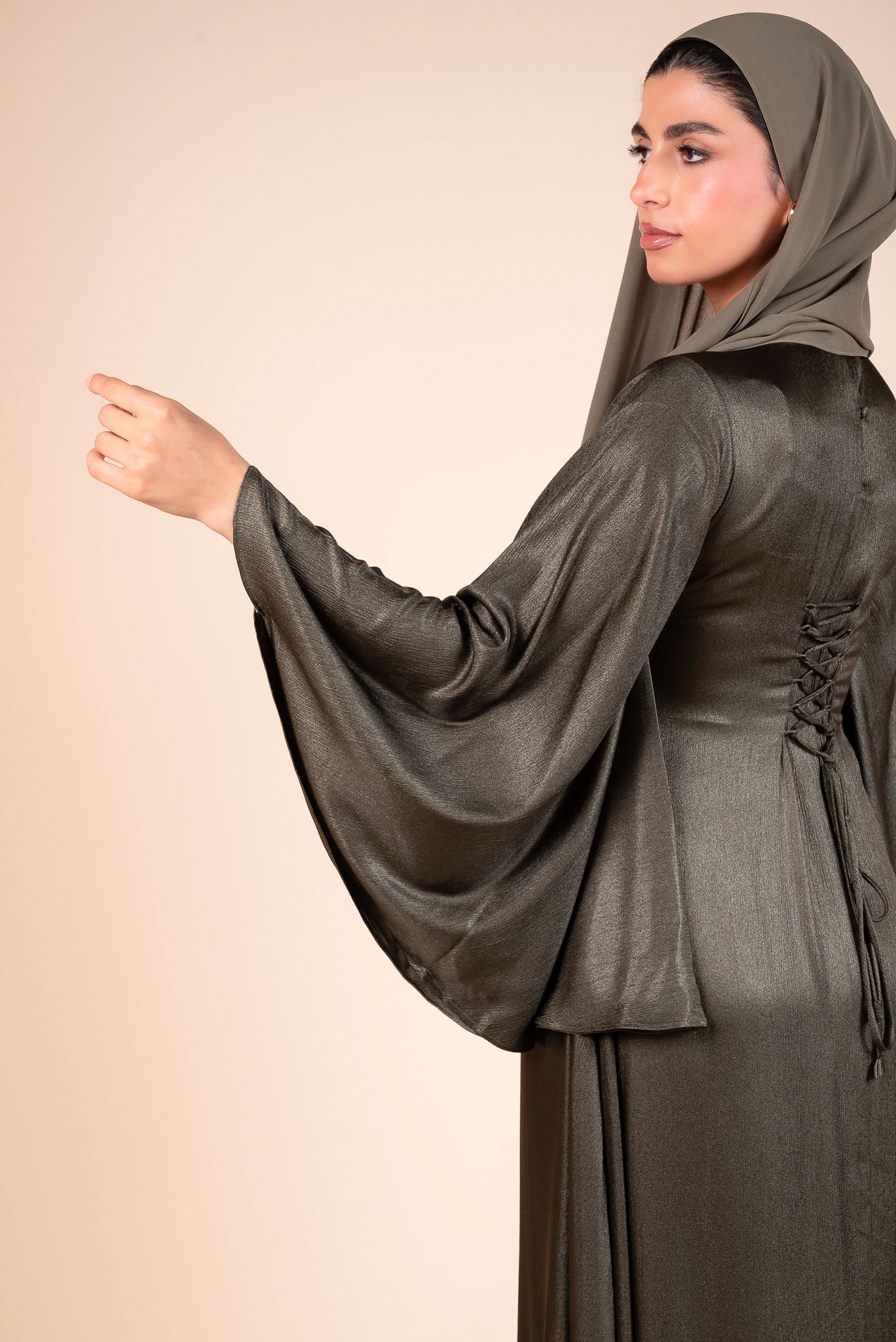 Dark Olive Green Satin Bell Sleeves Flow Dress