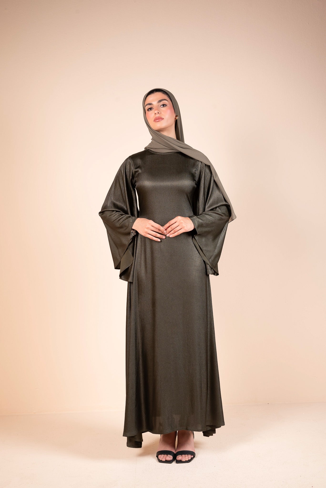 Dark Olive Green Satin Bell Sleeves Flow Dress