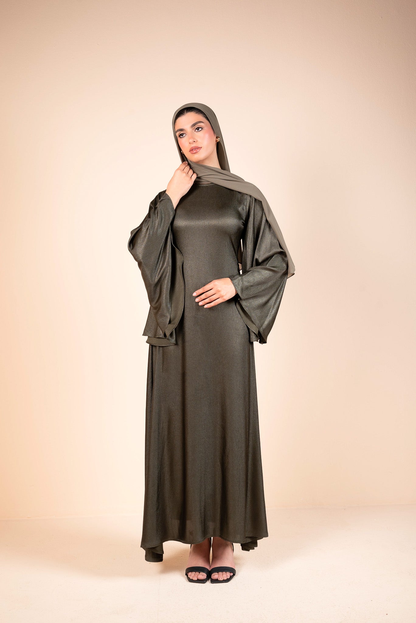Dark Olive Green Satin Bell Sleeves Flow Dress