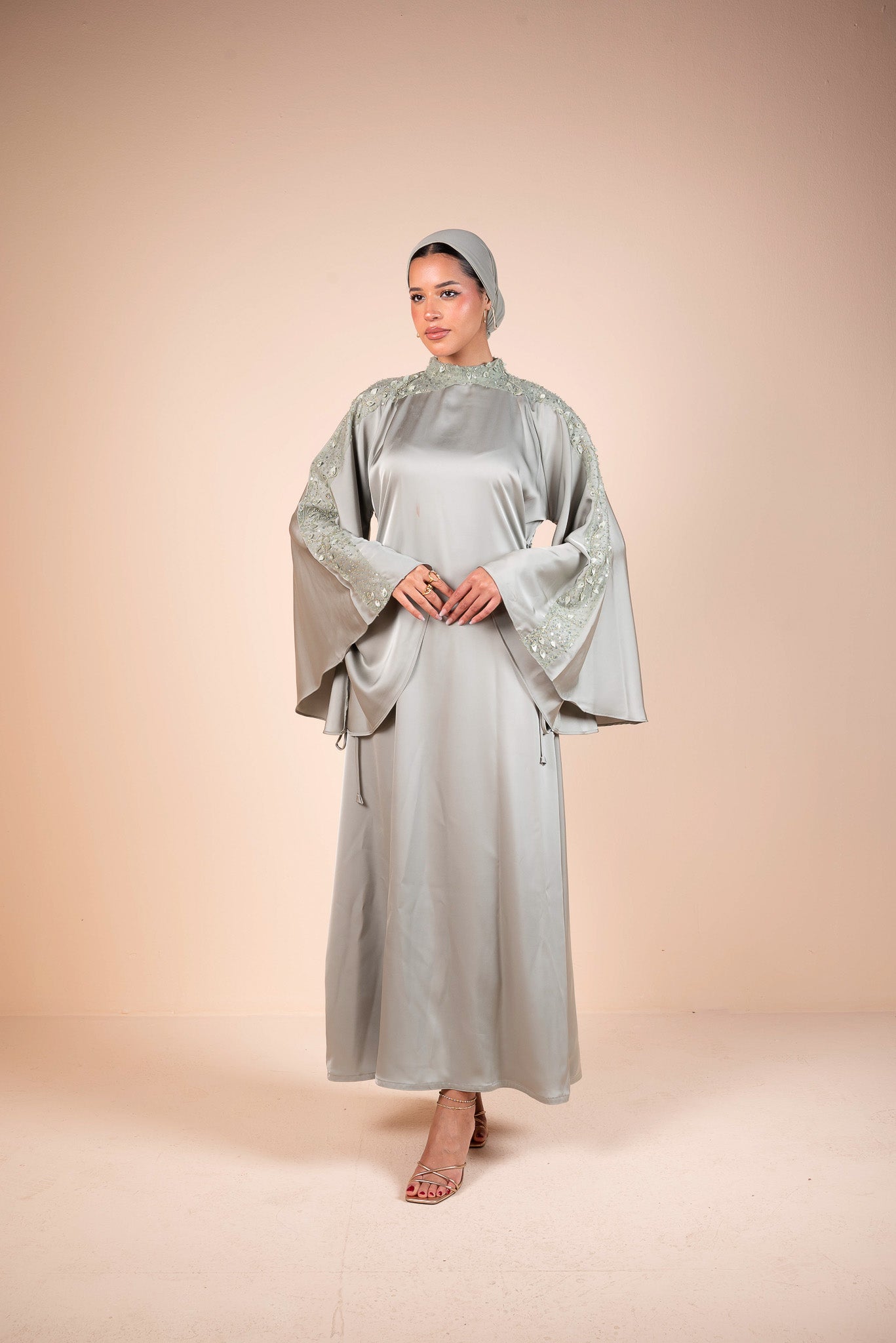 Embellished Sage Green Flow Sleeves Abaya