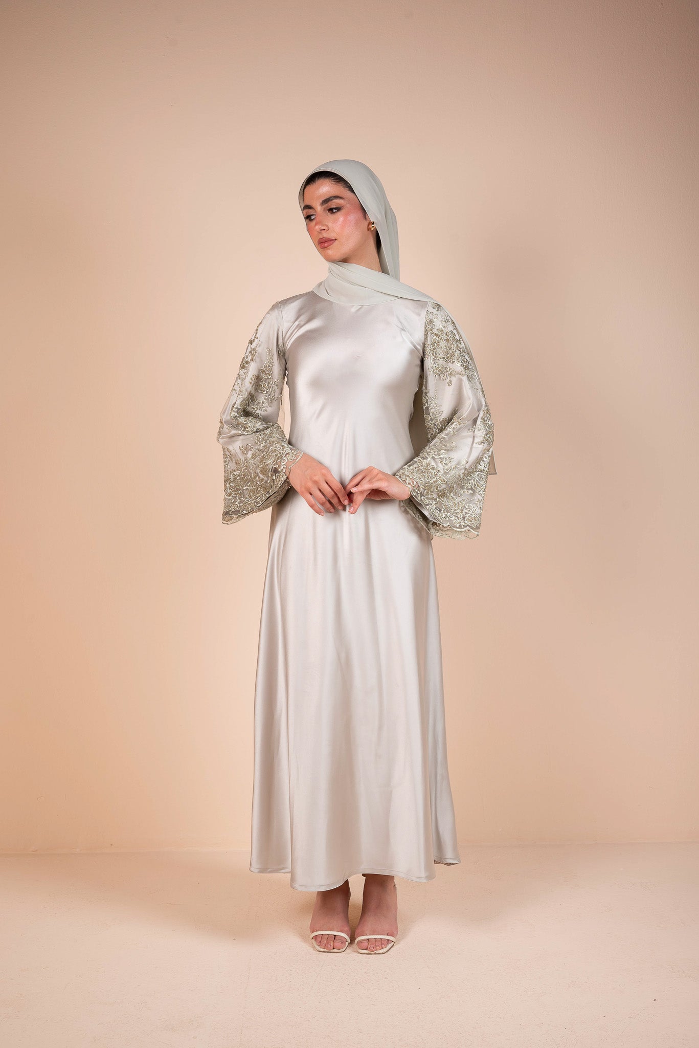 Sage Blooms Embellished Satin Dress