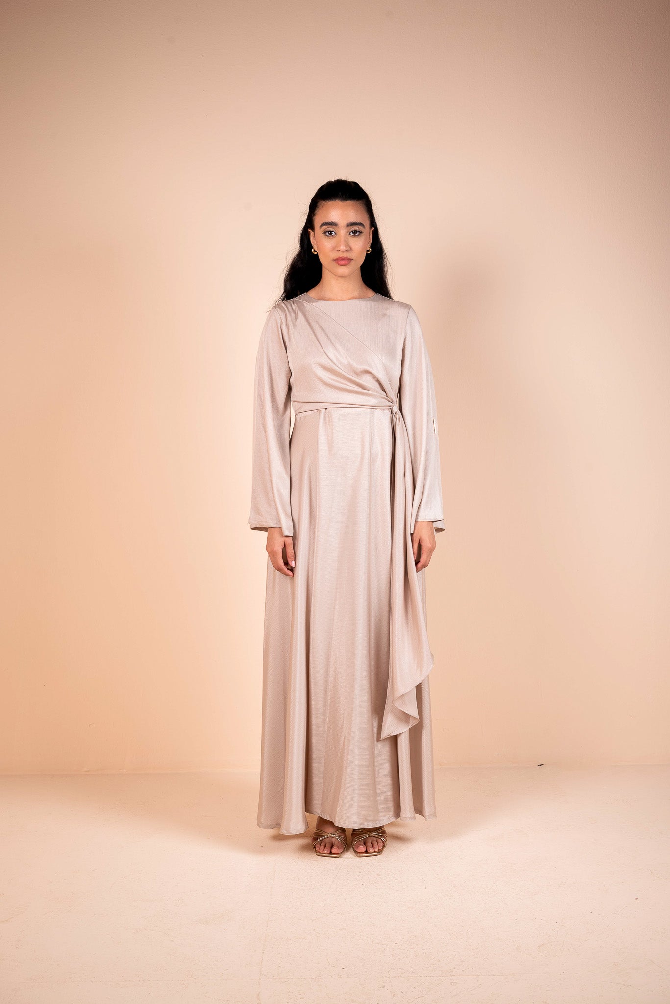 Soft Pink Draped Belted Satin Maxi Dress