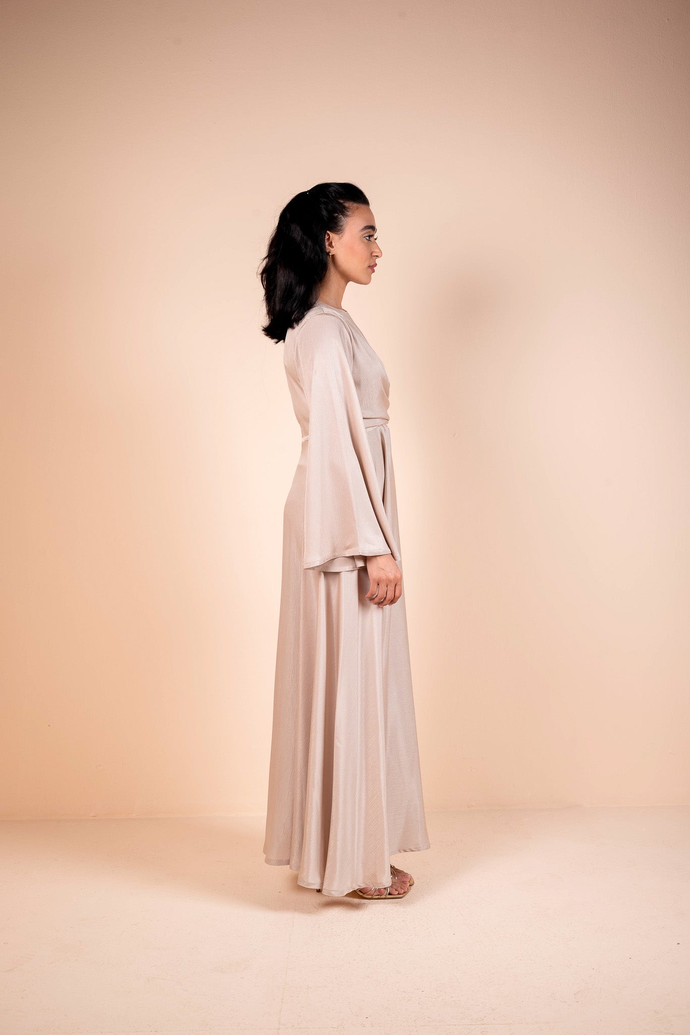 Soft Pink Draped Belted Satin Maxi Dress