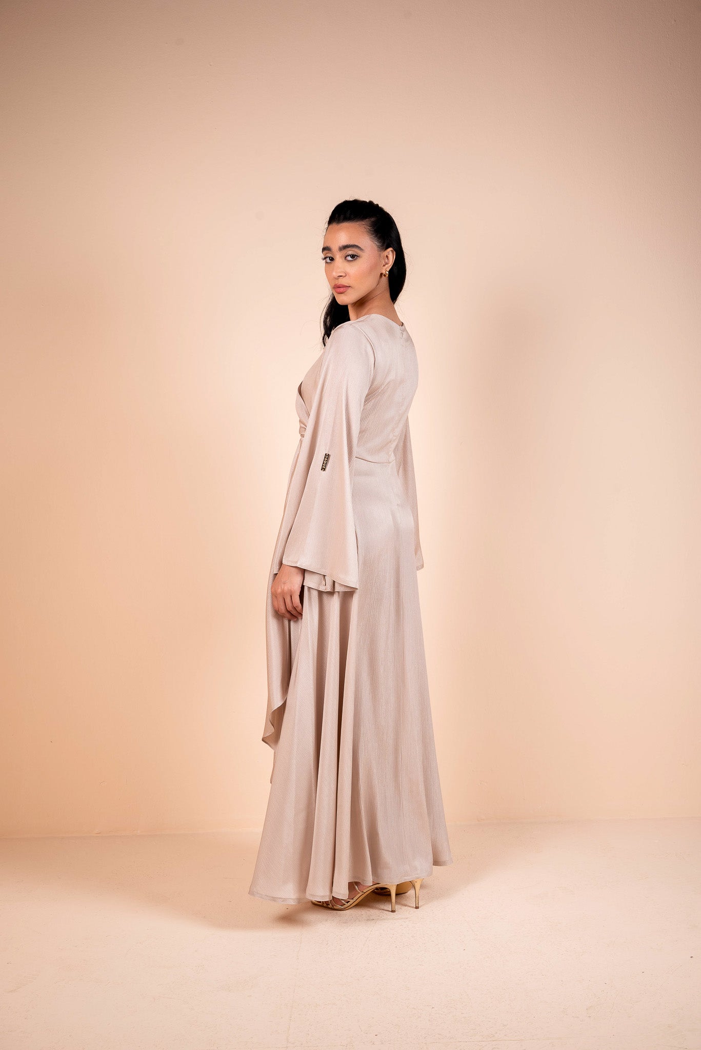 Soft Pink Draped Belted Satin Maxi Dress