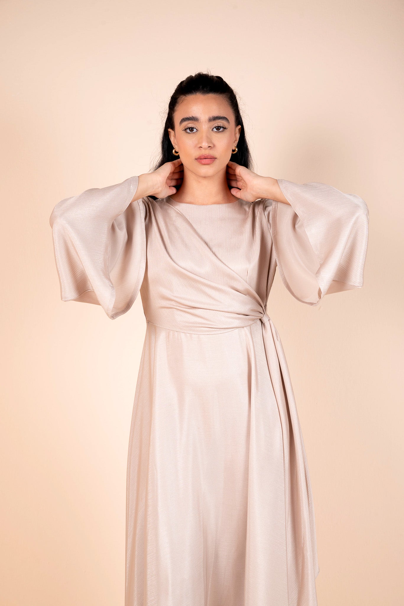 Soft Pink Draped Belted Satin Maxi Dress