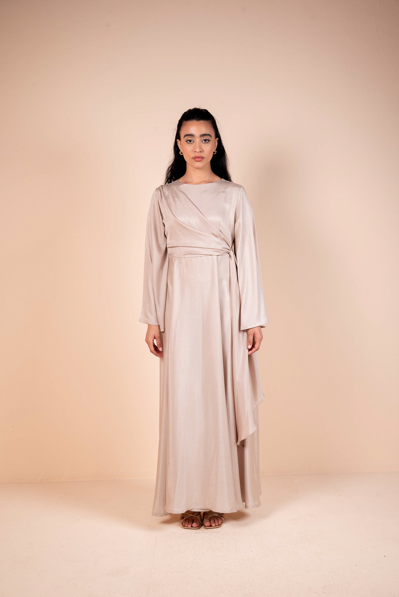 Soft Pink Draped Belted Satin Maxi Dress