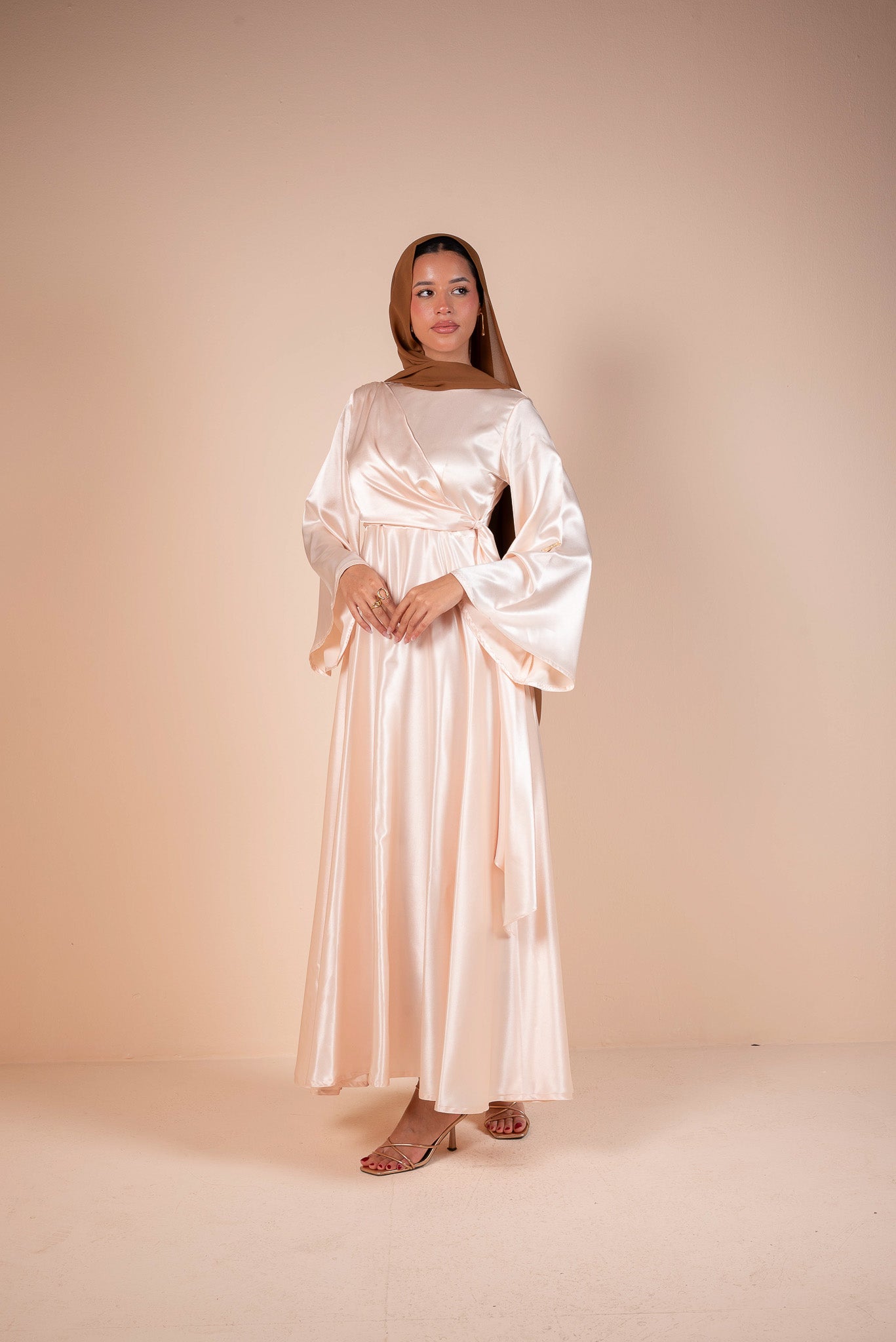 Ivory cream draped Belted Satin Maxi Dress