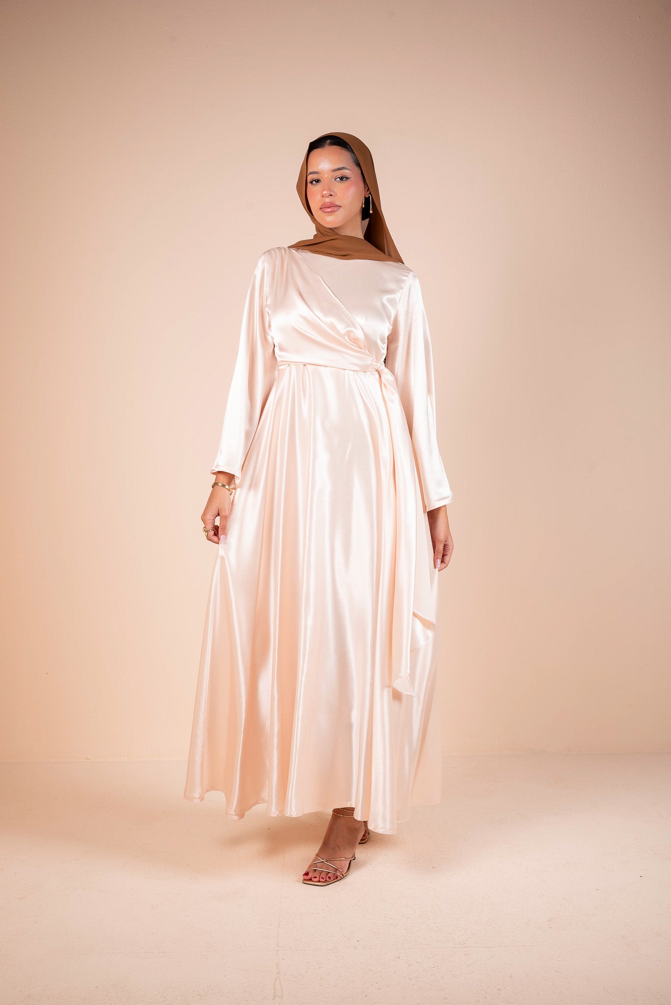 Ivory cream draped Belted Satin Maxi Dress