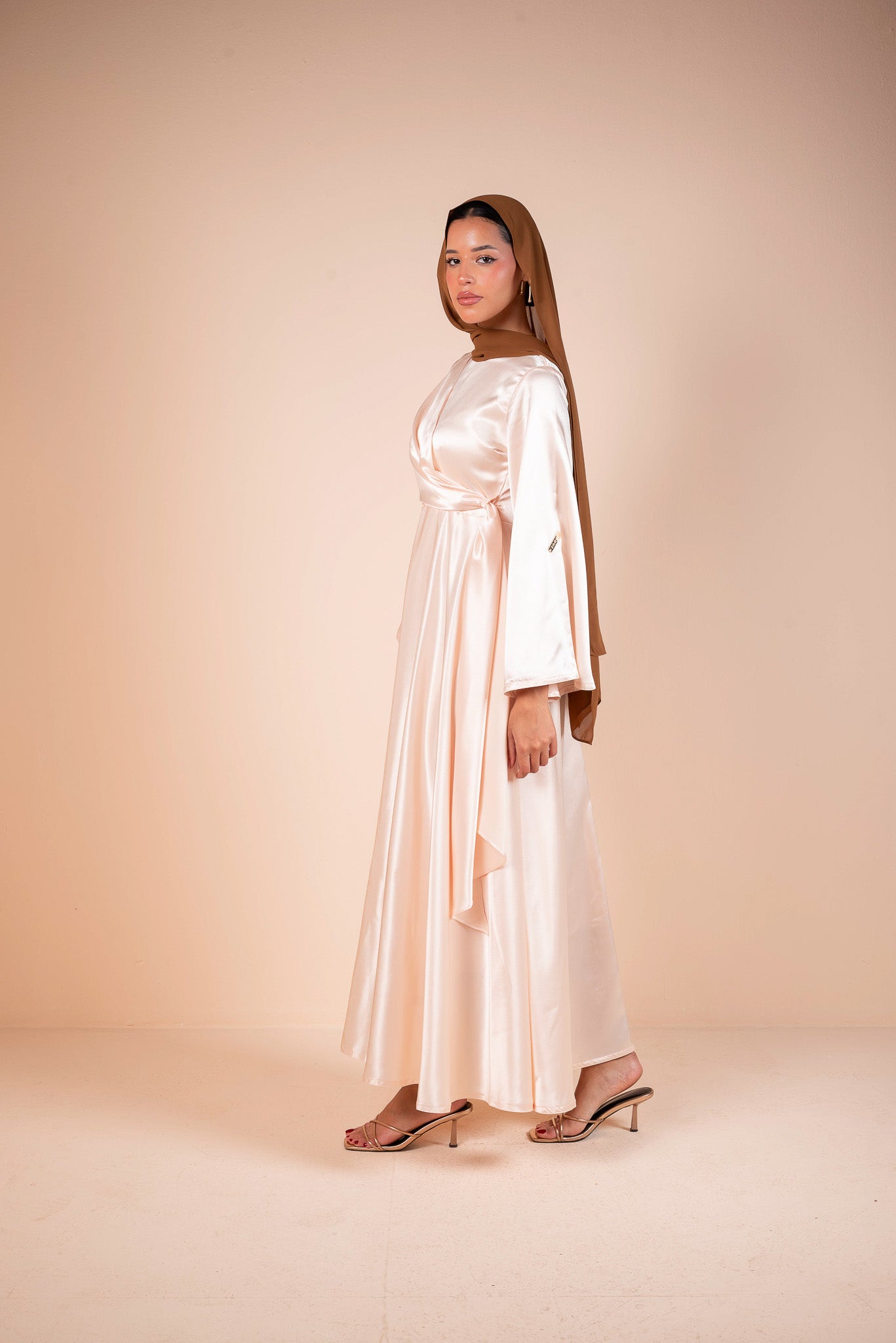 Ivory cream draped Belted Satin Maxi Dress