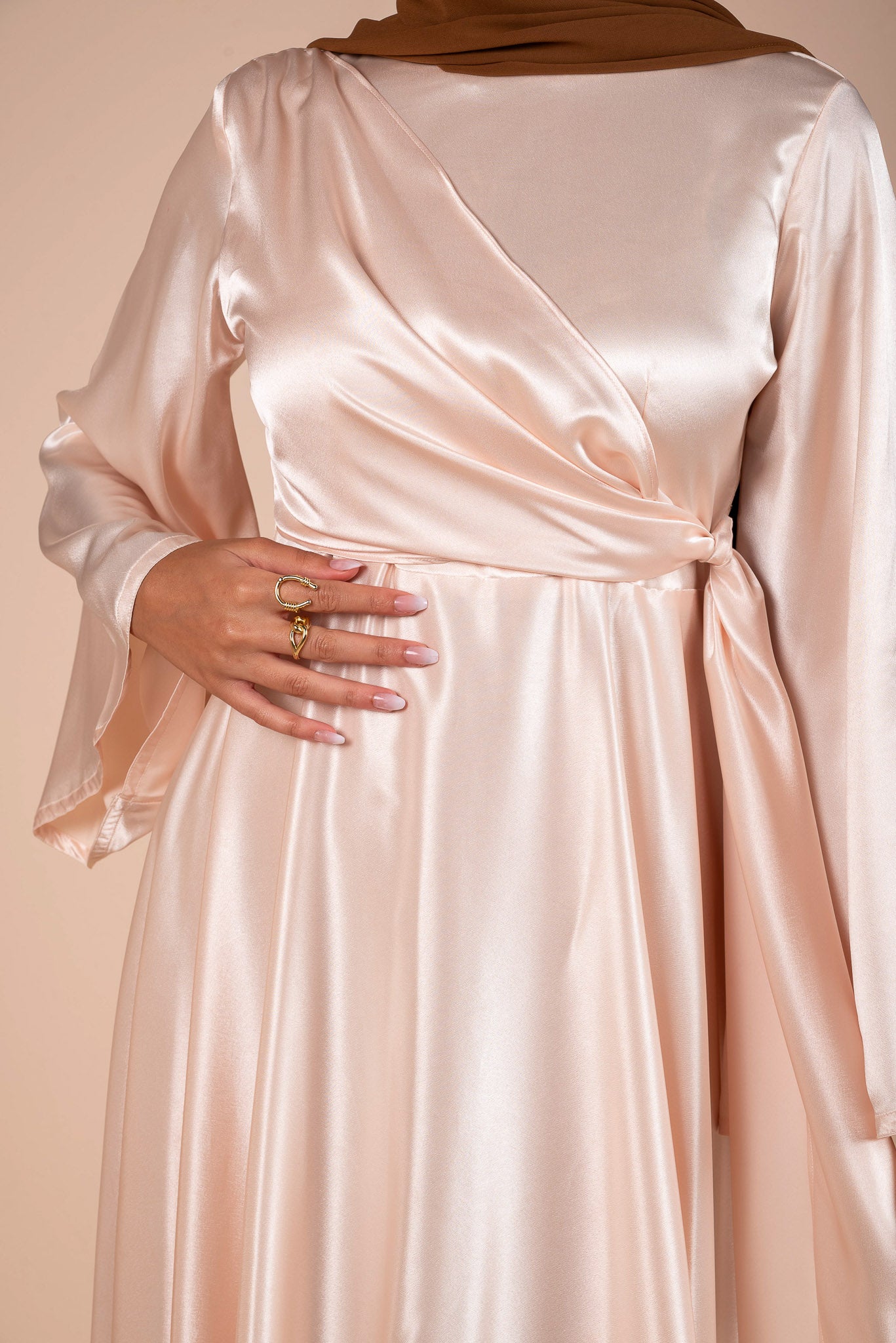 Ivory cream draped Belted Satin Maxi Dress