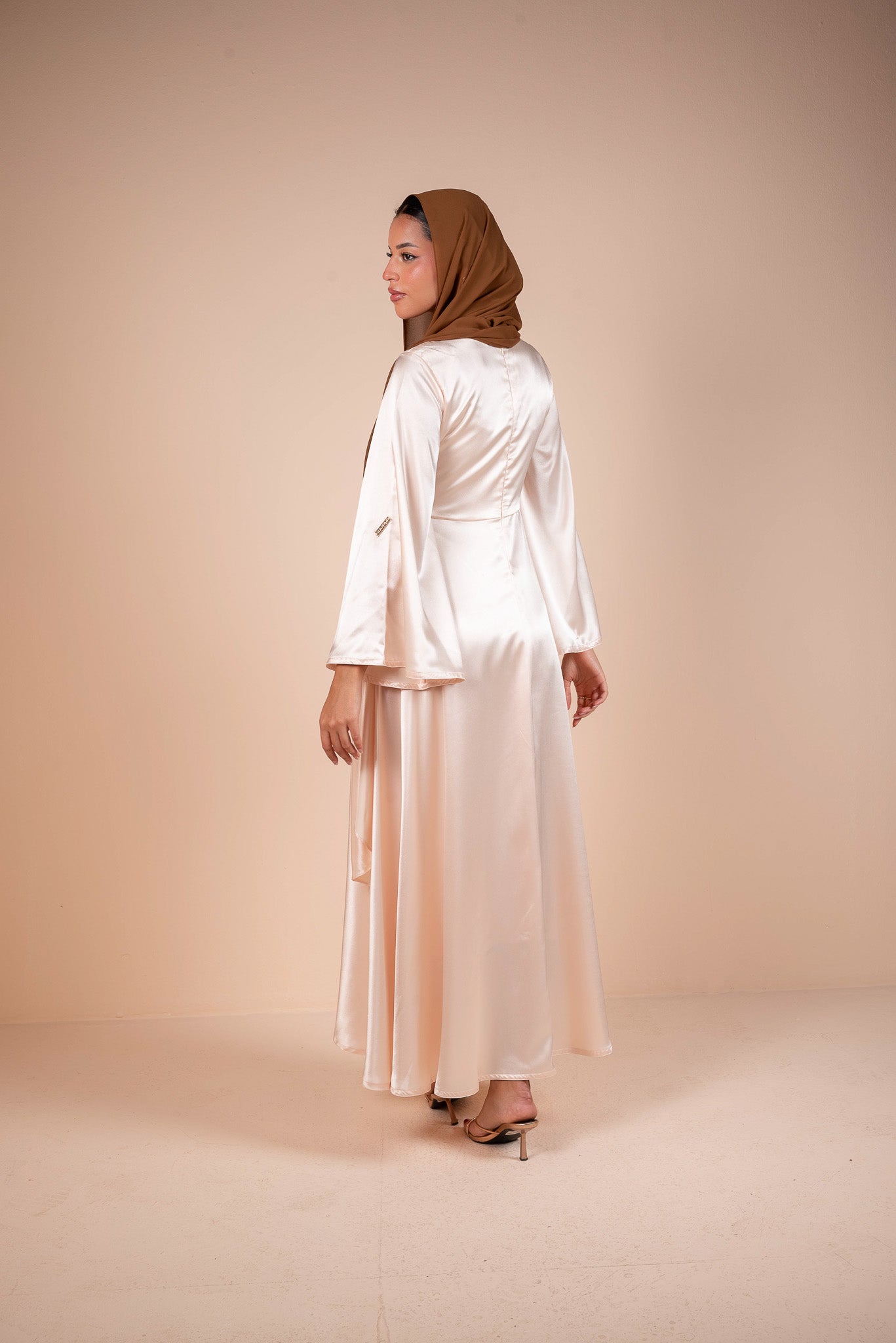 Ivory cream draped Belted Satin Maxi Dress